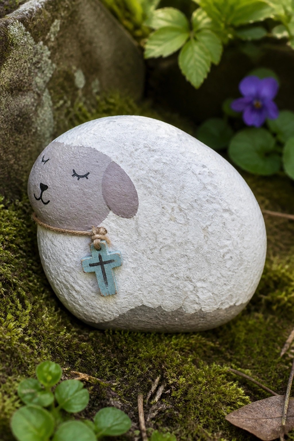 White painted rock with sleeping dog face and turquoise cross necklace on green moss.