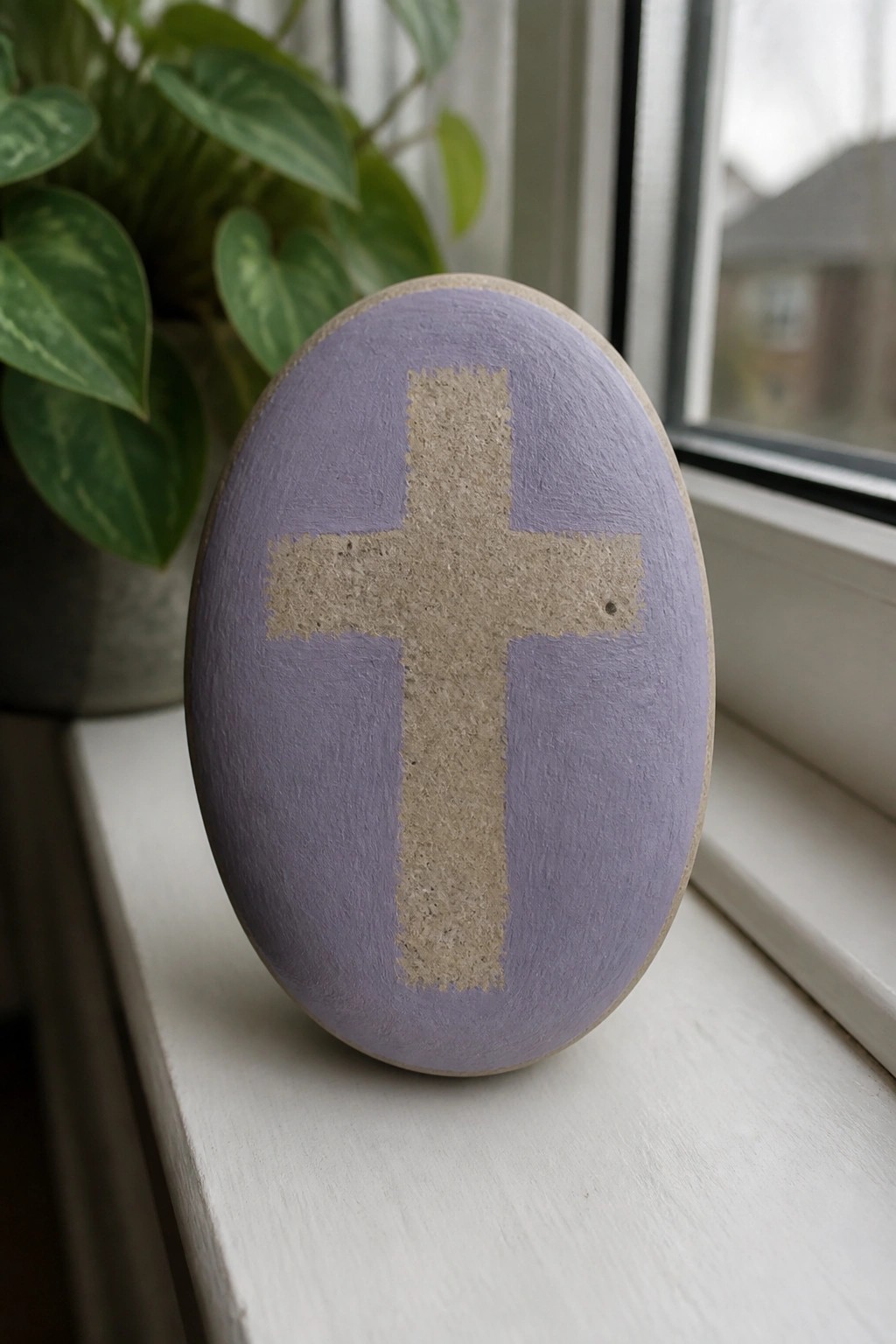 Light purple oval rock with beige cross on white windowsill beside green plant.