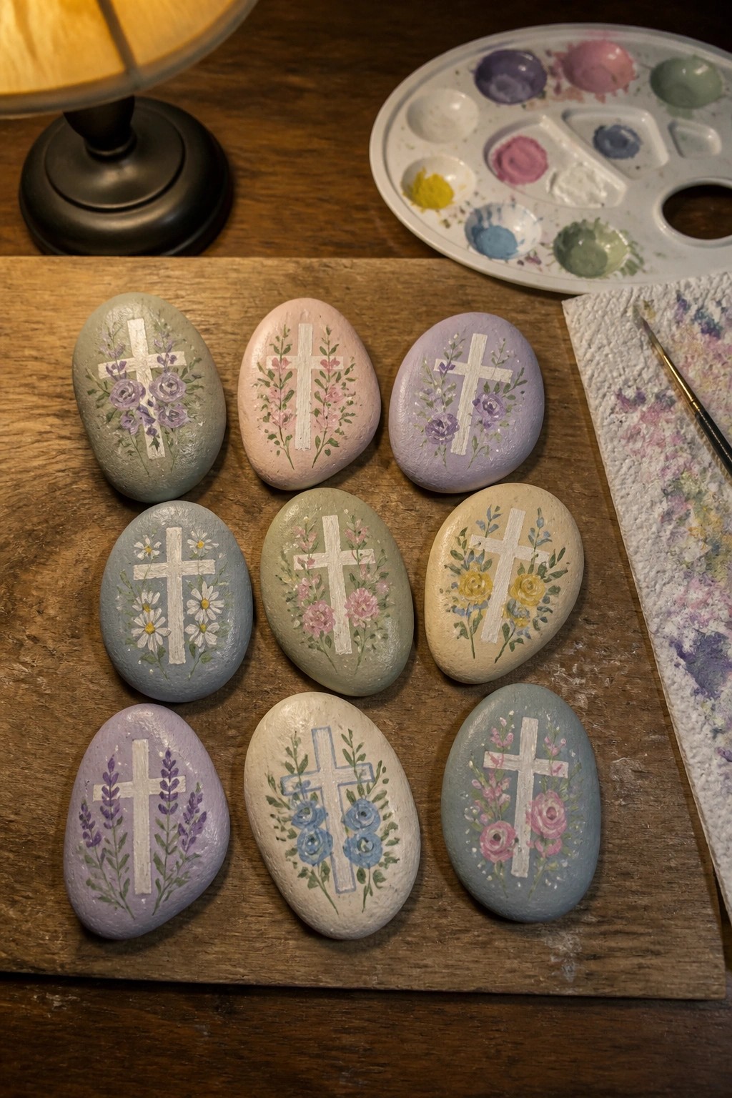 Nine pastel rocks painted with white crosses and flowers beside paint palette on wood.