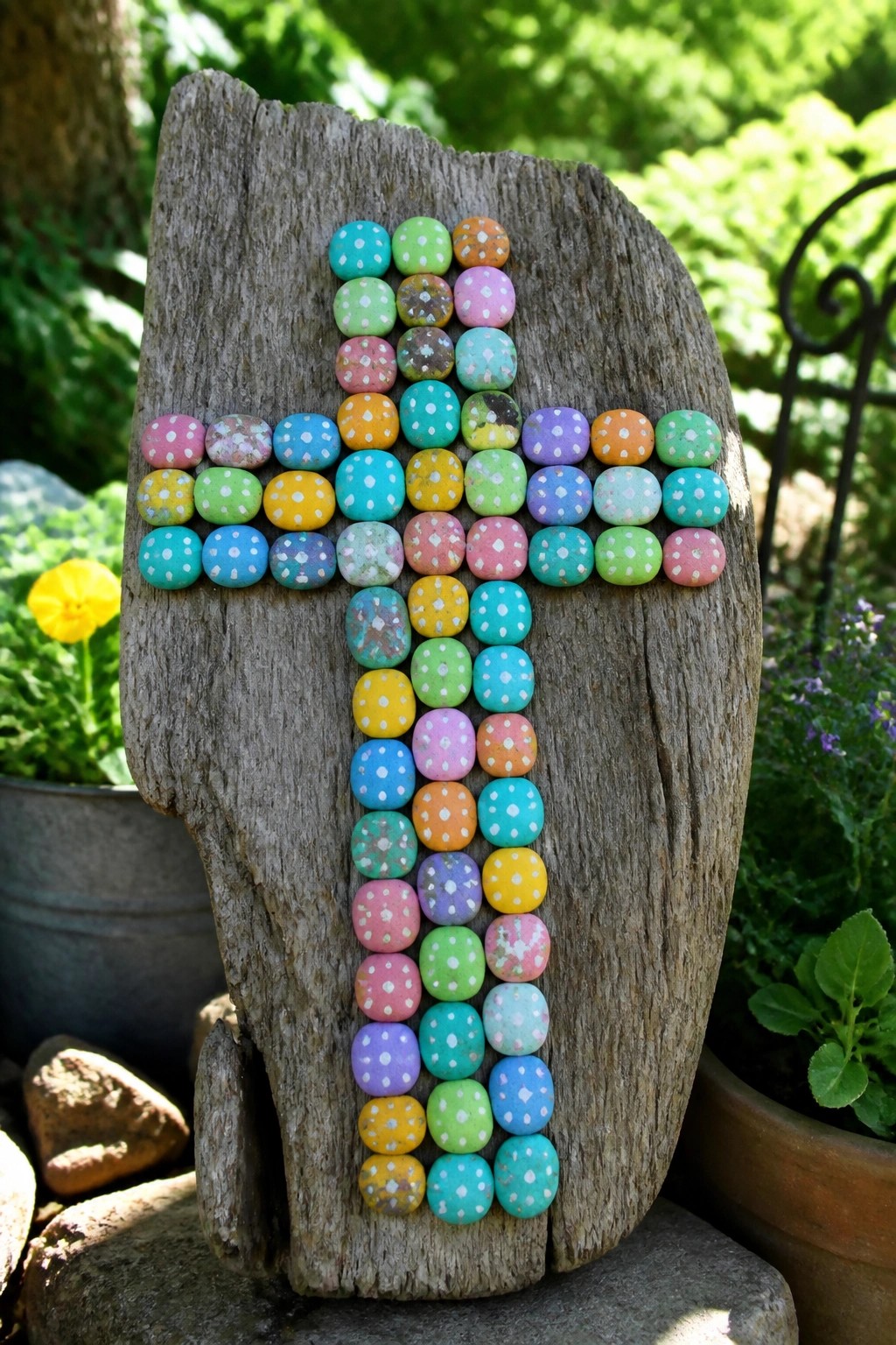 Colorful polka-dotted pebbles forming a cross on weathered driftwood in a garden.