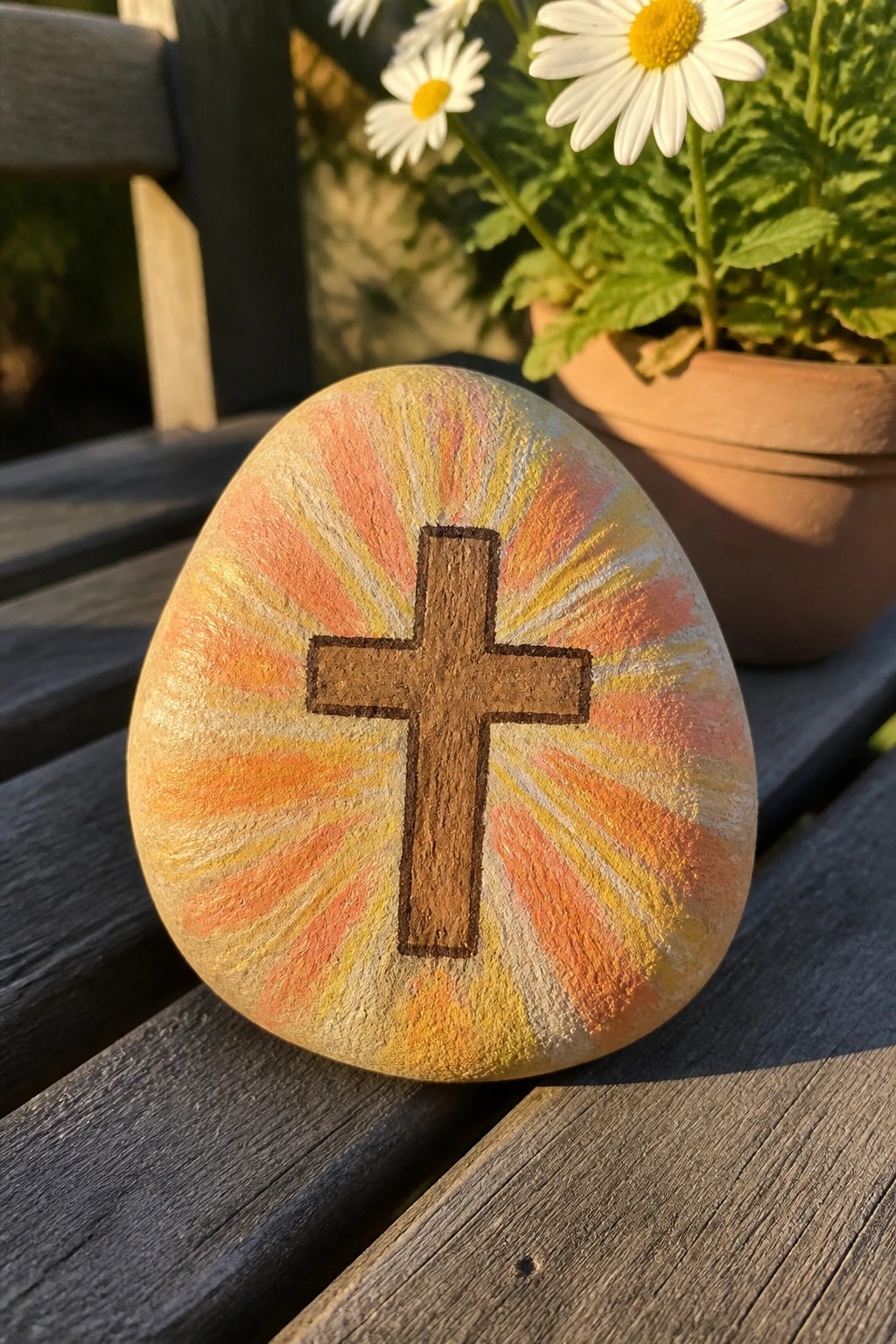 Painted rock with brown cross and vibrant radiating orange-yellow sunburst on wooden bench