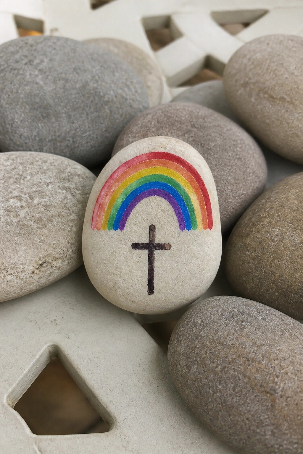 Smooth stone painted with rainbow above black cross, amid gray pebbles.