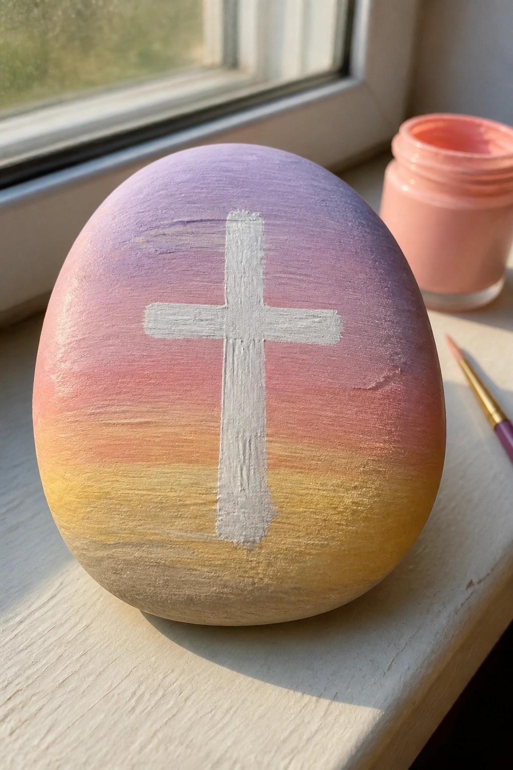 A rounded rock with a purple to yellow gradient and white cross painted on it rests on a windowsill beside a jar of pink paint.