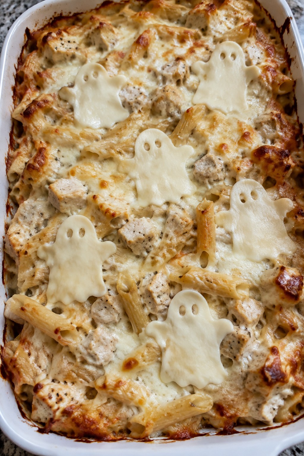 Ghostly Chicken Alfredo Pasta Bake