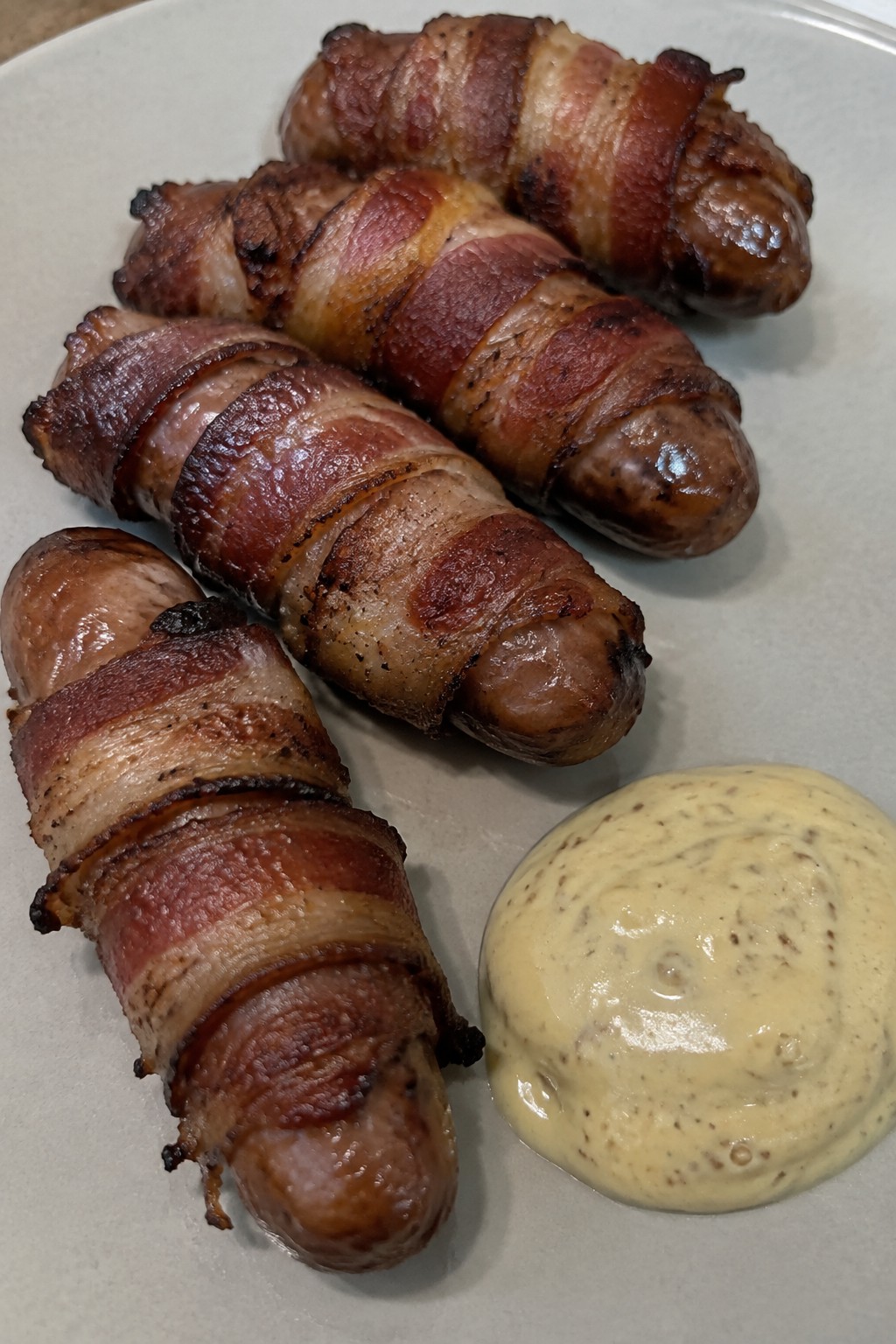 Bacon-Wrapped Mummy Sausages with Dijon Dip