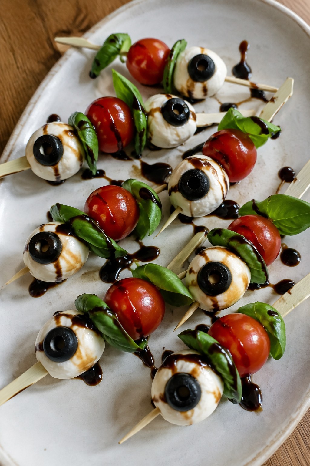 Mozzarella Eyeball Caprese Skewers with Balsamic