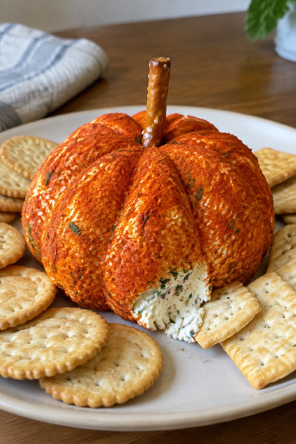 Pumpkin-Shaped Herbed Cheese Ball with Crackers