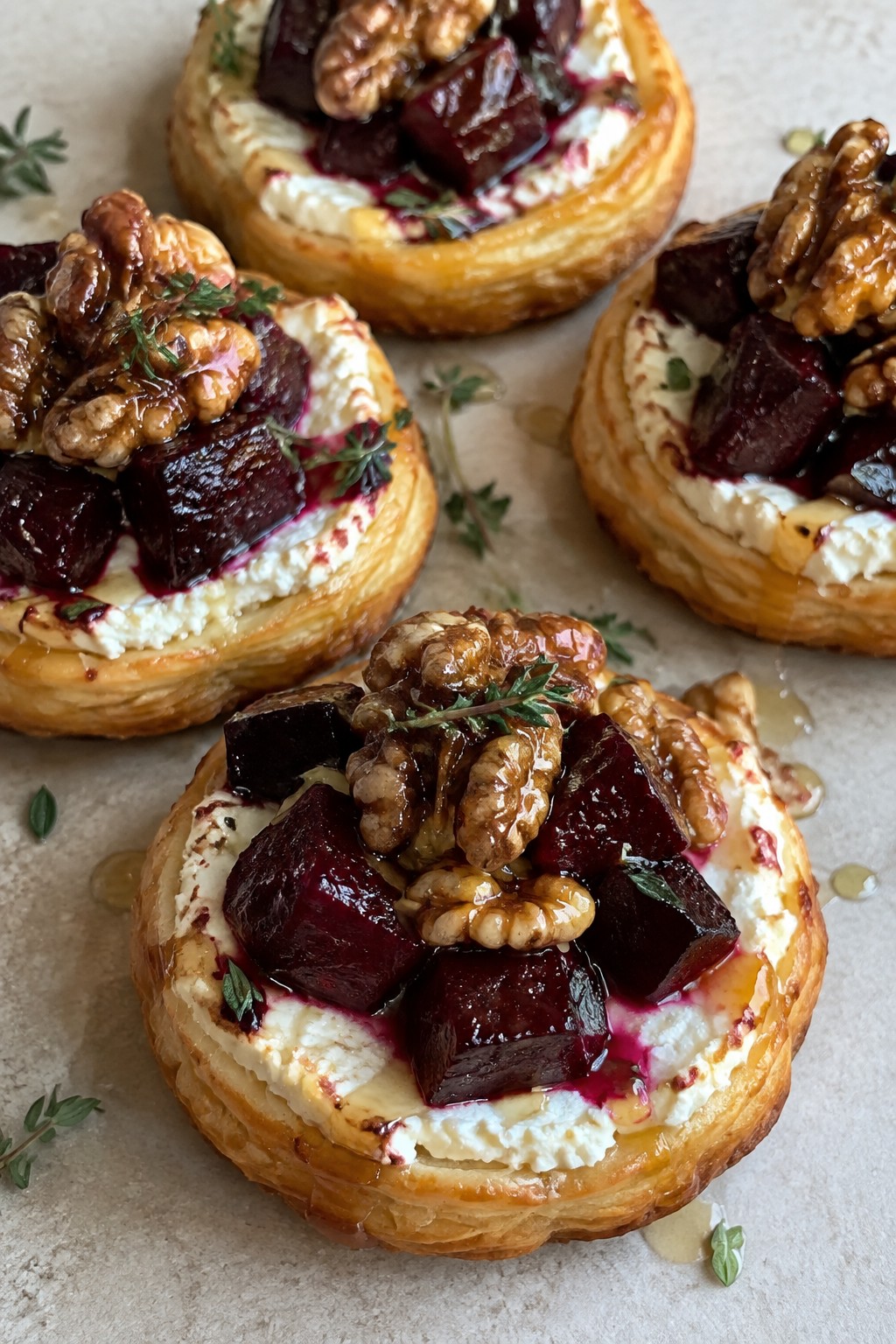 Roasted Beet and Goat Cheese Tartlets with Candied Walnuts
