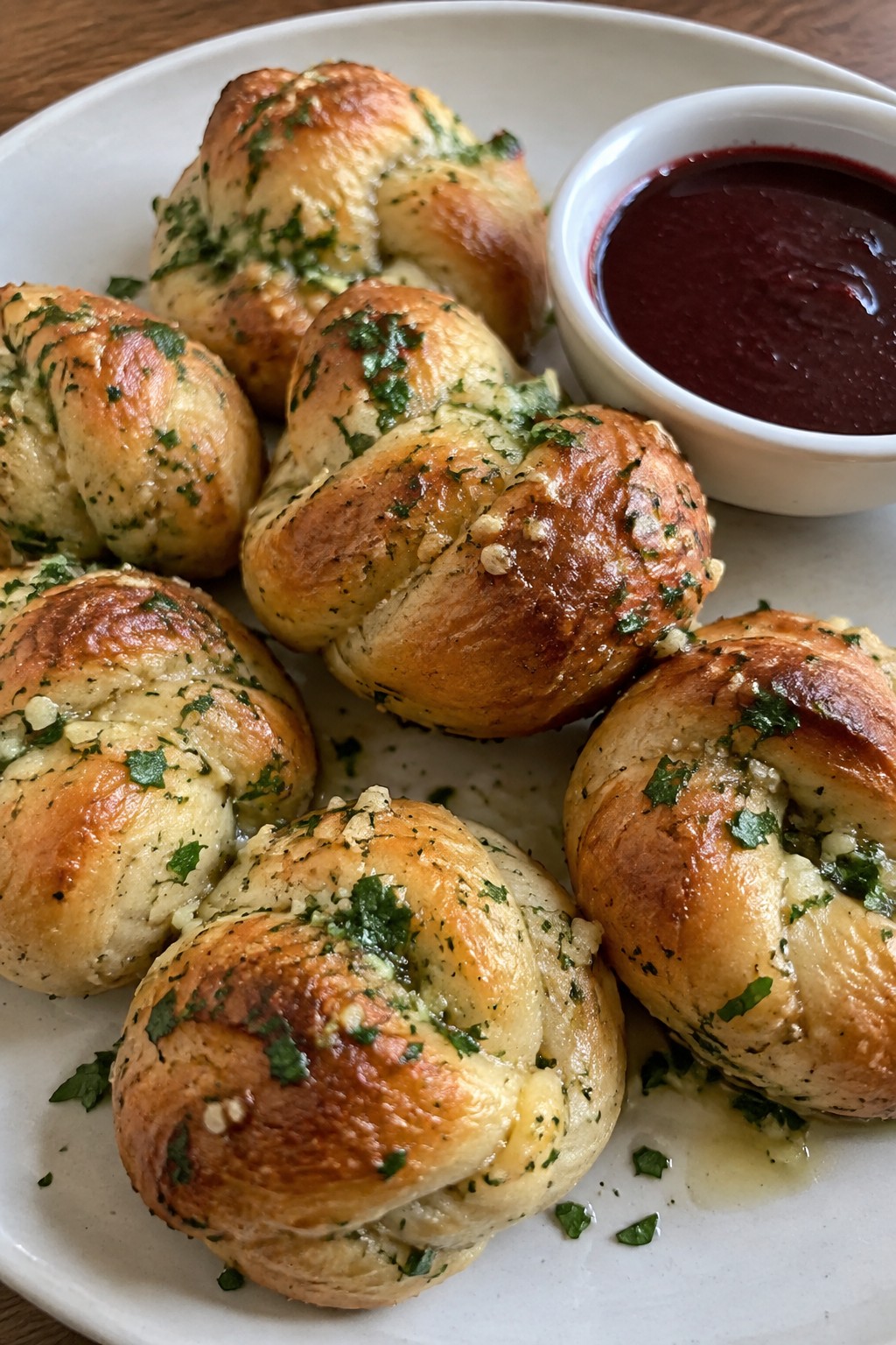Vampire Garlic Knots with Red Wine Reduction