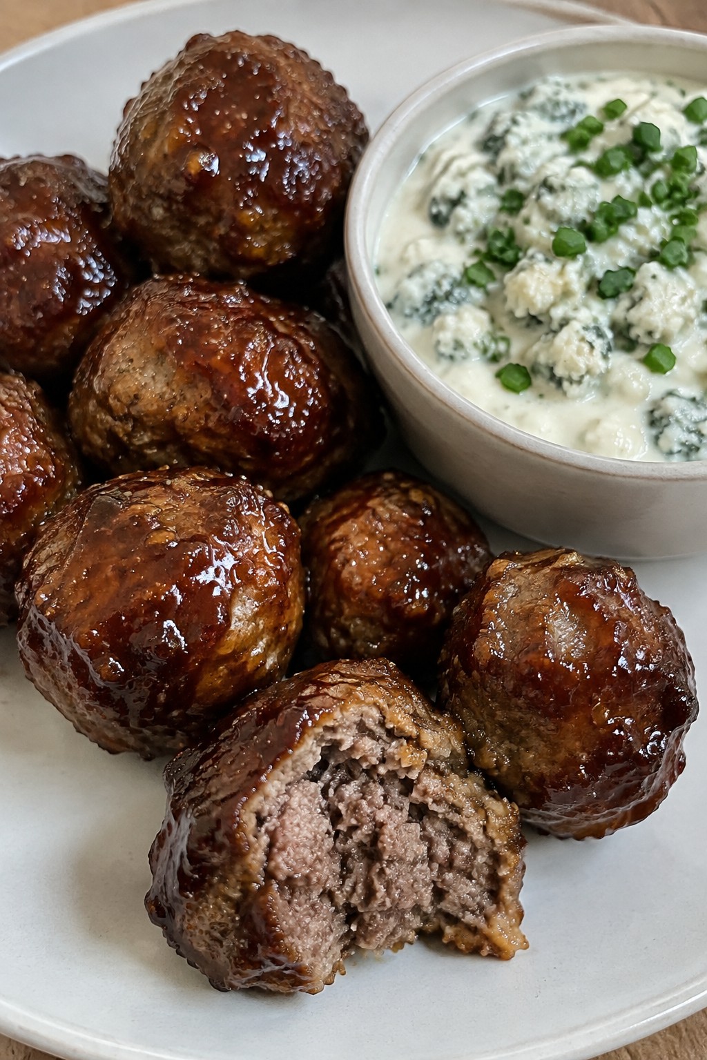 Whiskey-Glazed Meatballs with Gorgonzola Dip