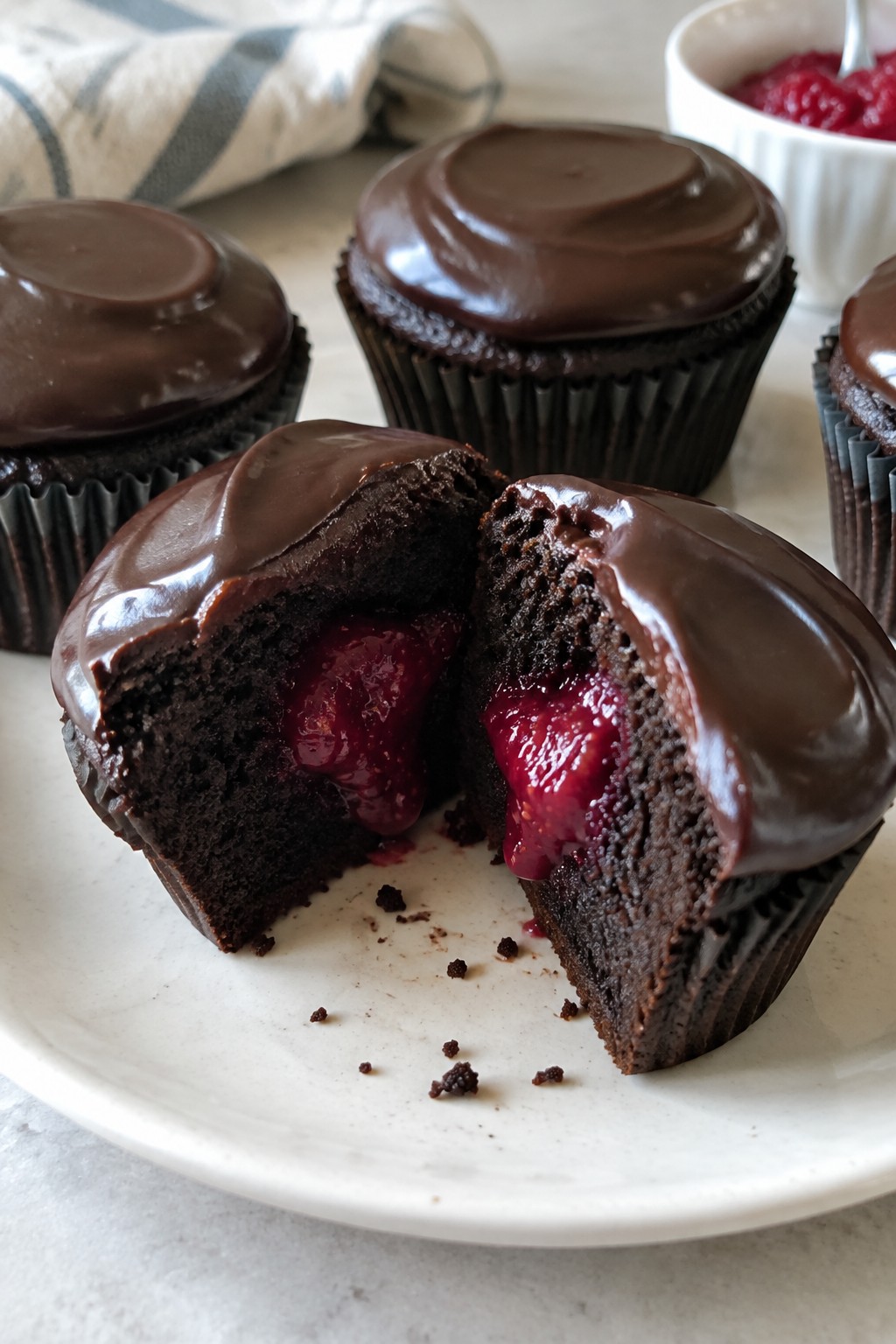 Dark Chocolate Cupcakes with Raspberry Filling and Ganache