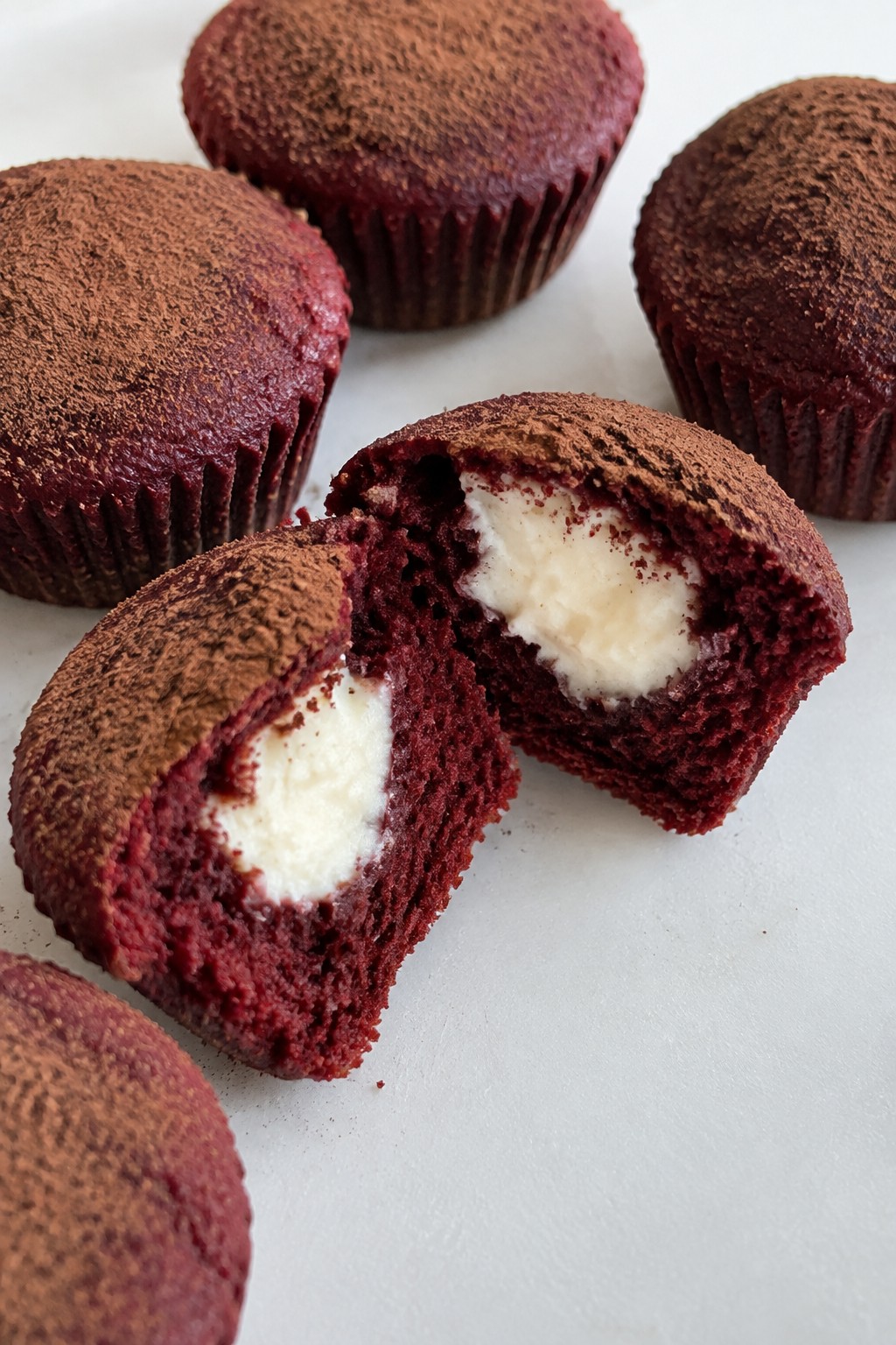 Red Velvet Cupcakes with Cream Cheese Filling and Cocoa Dust