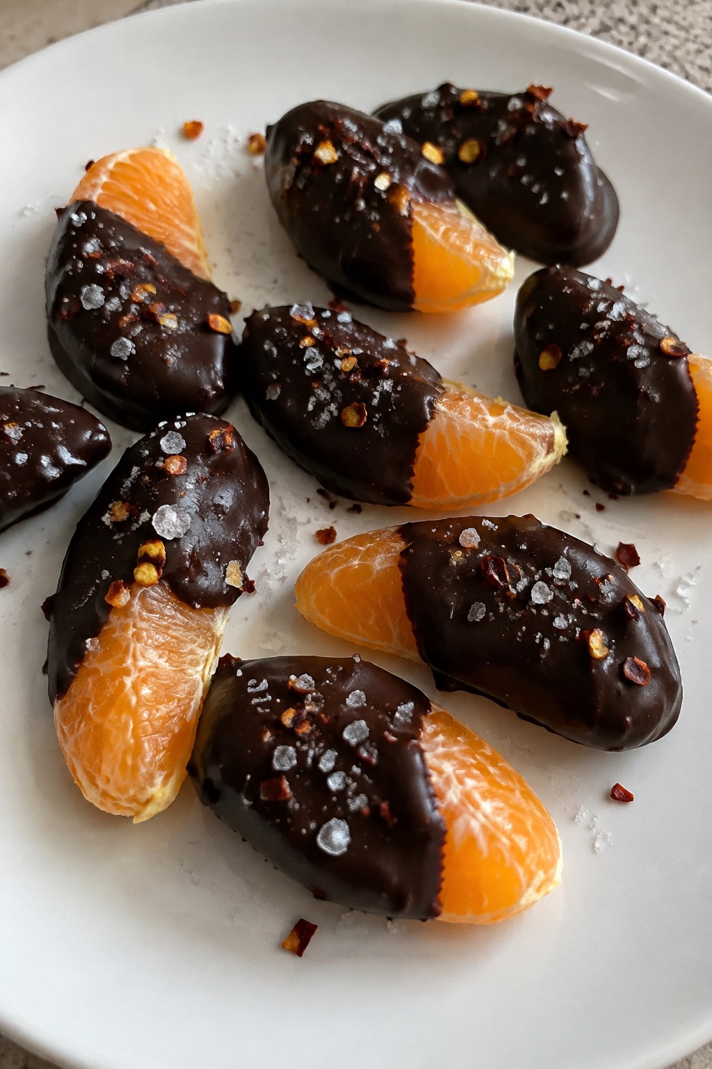 Dark Chocolate-Dipped Orange Segments with Smoked Sea Salt and Chili