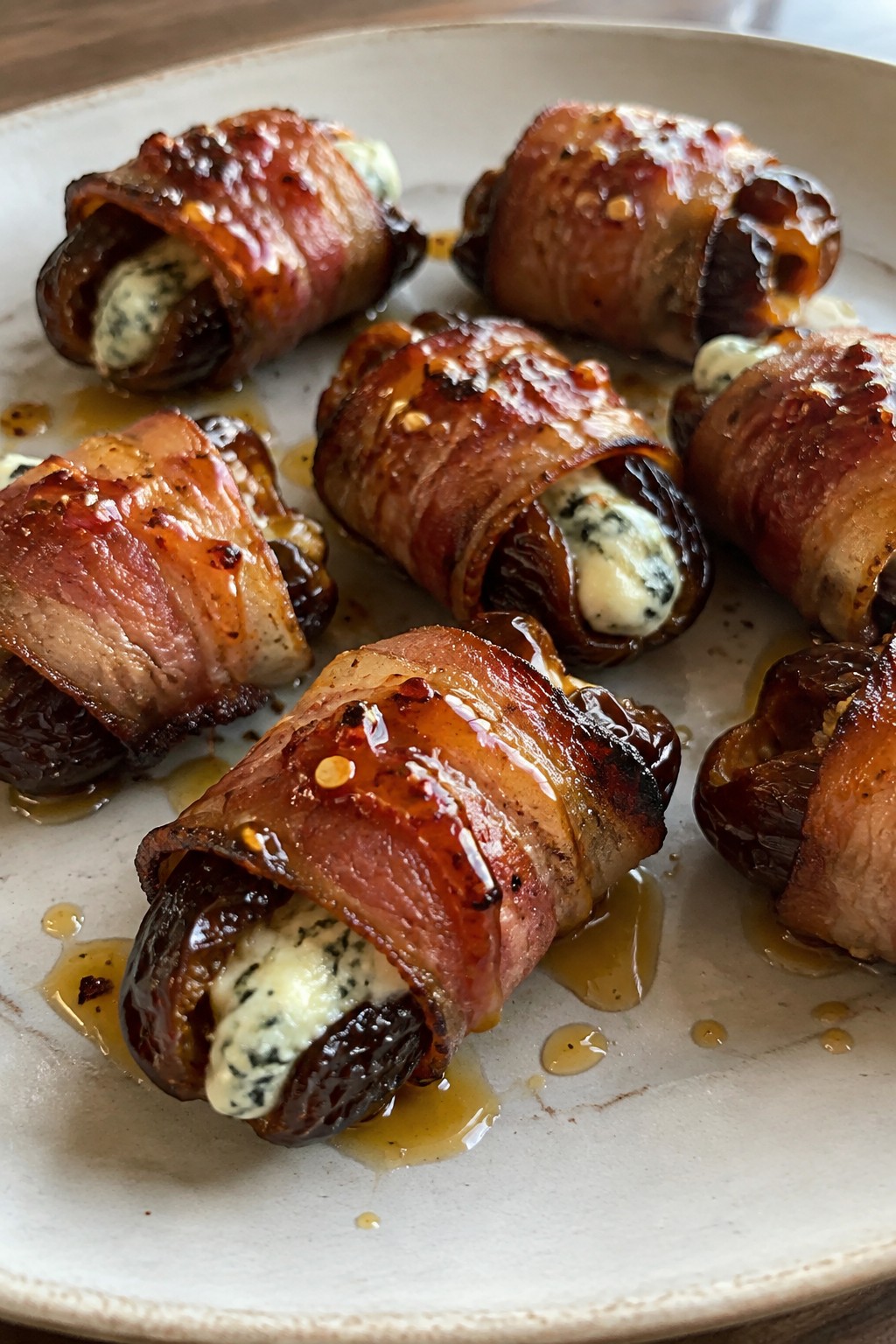 Gorgonzola-Stuffed Medjool Dates Wrapped in Bacon with Hot Honey