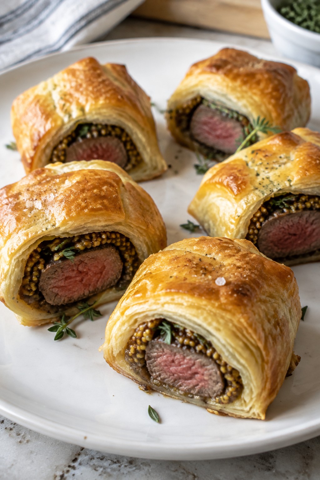Mini Beef Wellington Bites with Grainy Mustard and Thyme