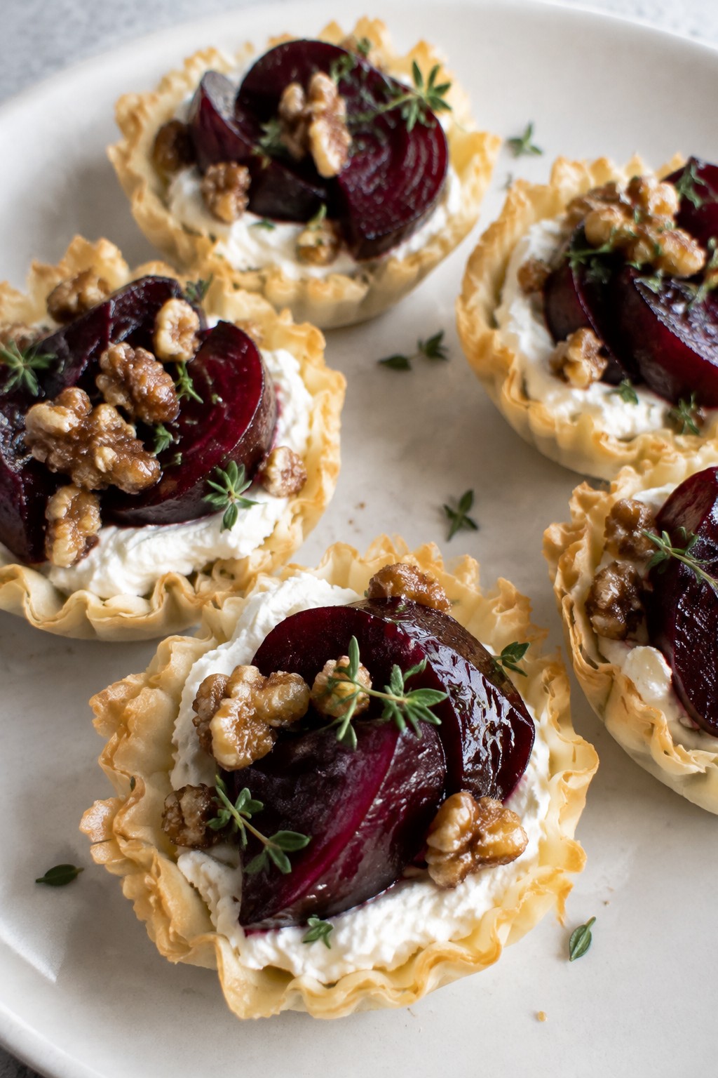 Roasted Beet and Whipped Goat Cheese Tartlets with Candied Walnuts