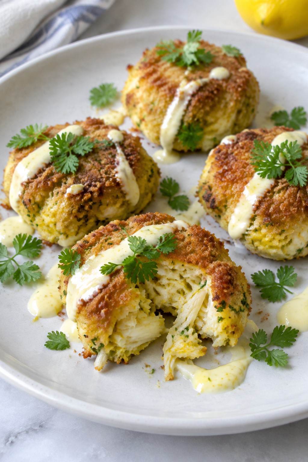 Saffron Crab Cakes with Meyer Lemon Aioli and Chervil