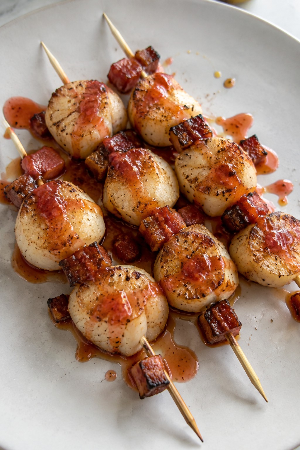 Seared Scallop Skewers with Blood Orange Gastrique and Crispy Pancetta