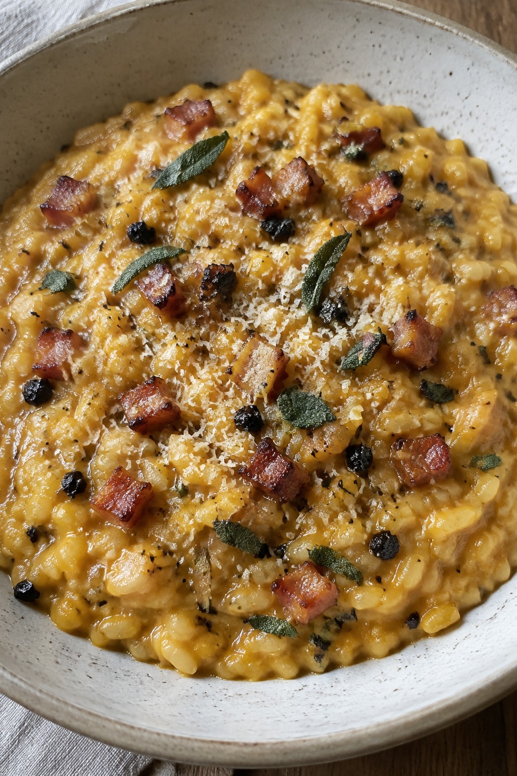 Pumpkin and Black Garlic Risotto with Crispy Pancetta