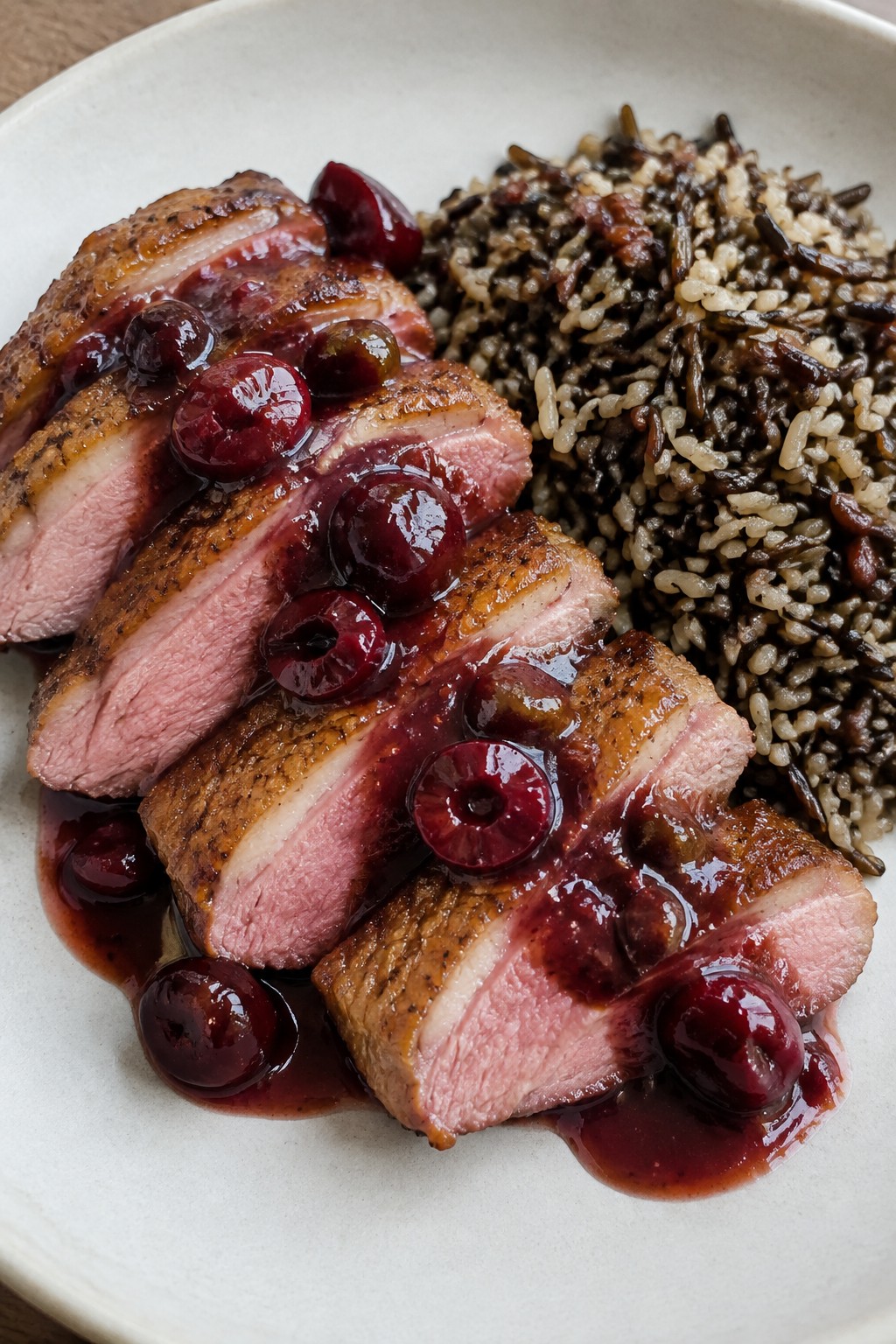 Smoked Duck Breast with Cherry Port Sauce and Wild Rice