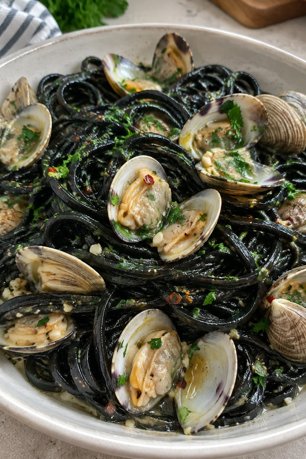 Squid Ink Linguine with White Wine Clams