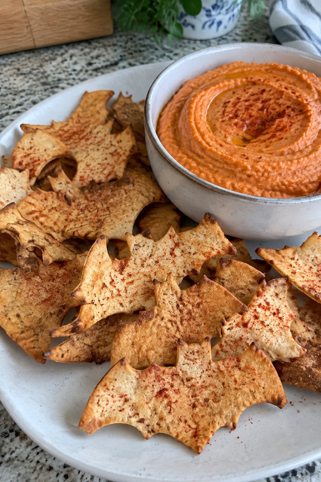 Bat-Shaped Pita Chips with Roasted Red Pepper Hummus