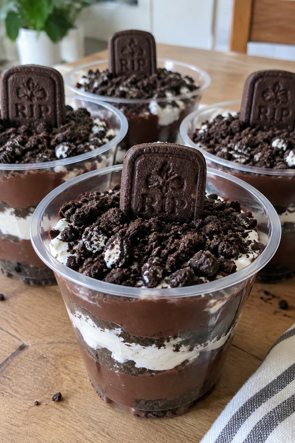 Graveyard Dirt Pudding Cups with Chocolate Cookies