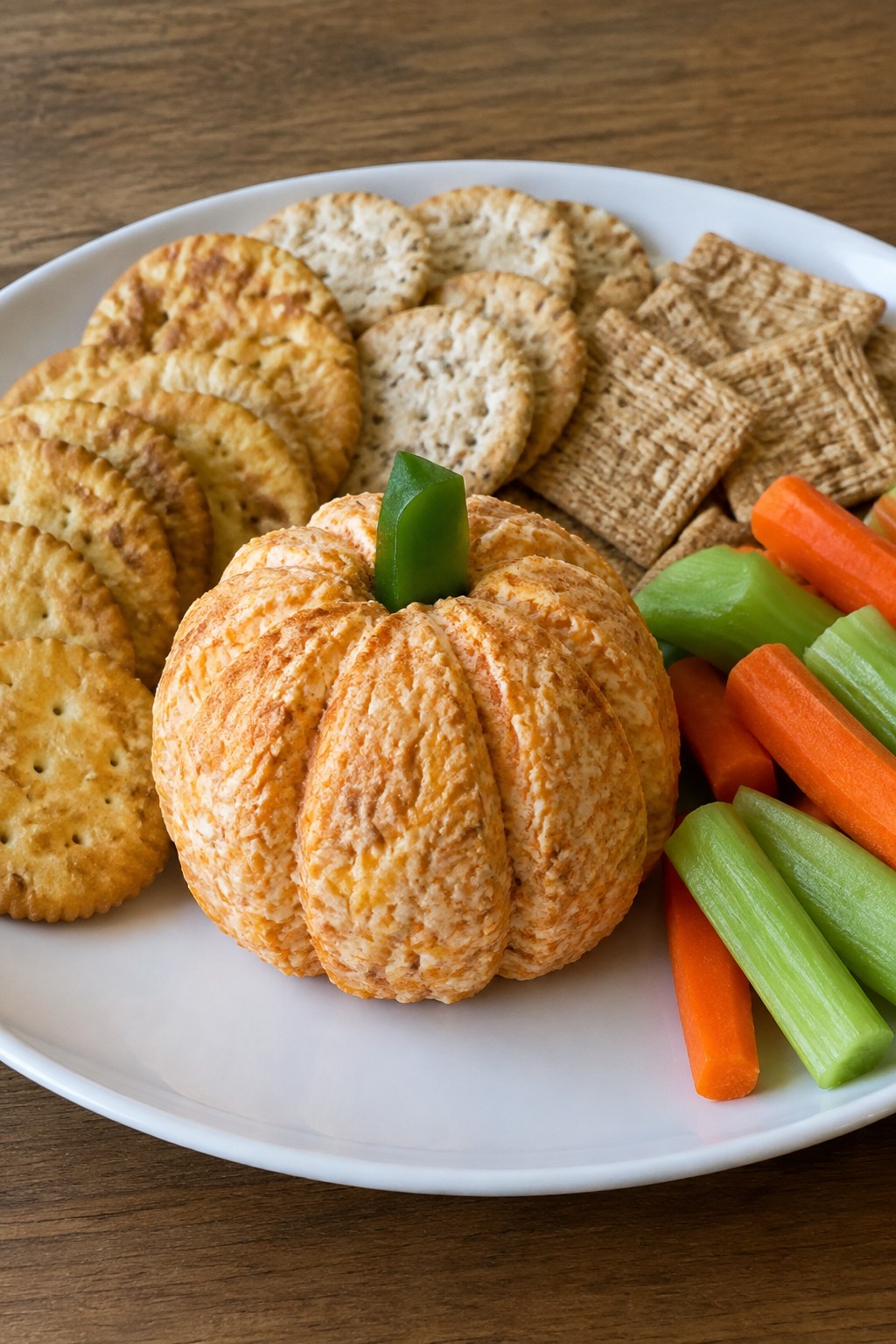 Pumpkin-Shaped Cheese Ball with Crackers and Veggies