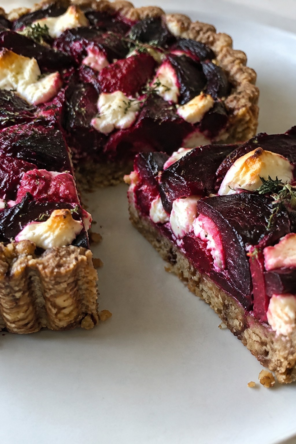 Bloody Beet and Goat Cheese Tart with Walnut Crust