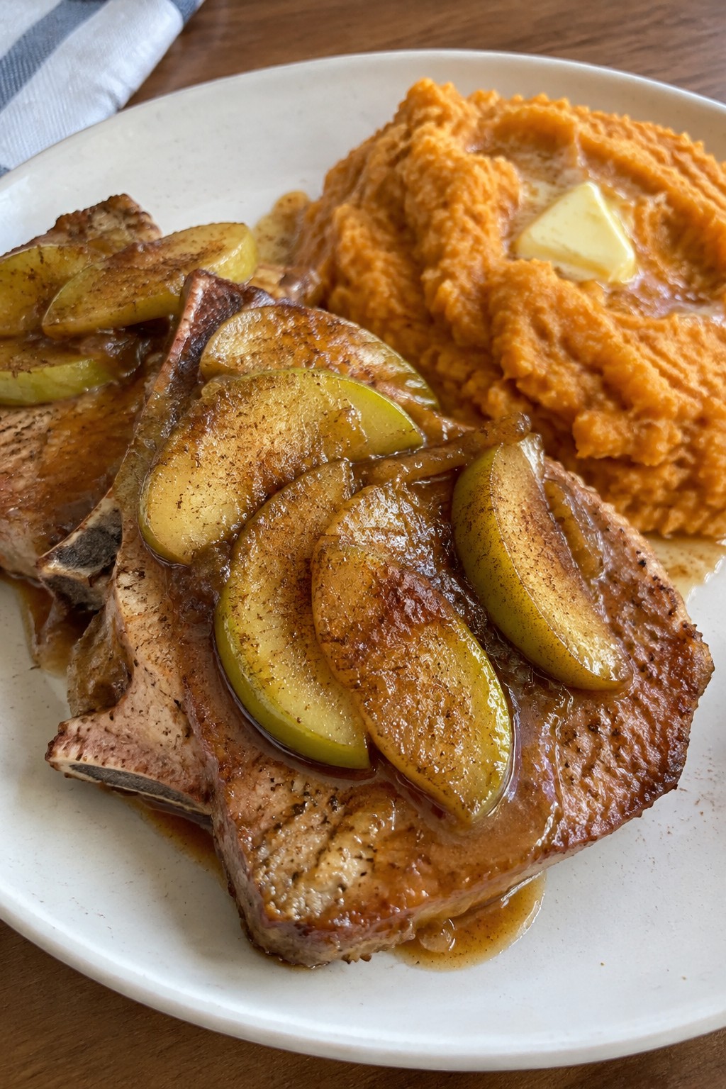 Caramel Apple Pork Chops with Mashed Sweet Potatoes