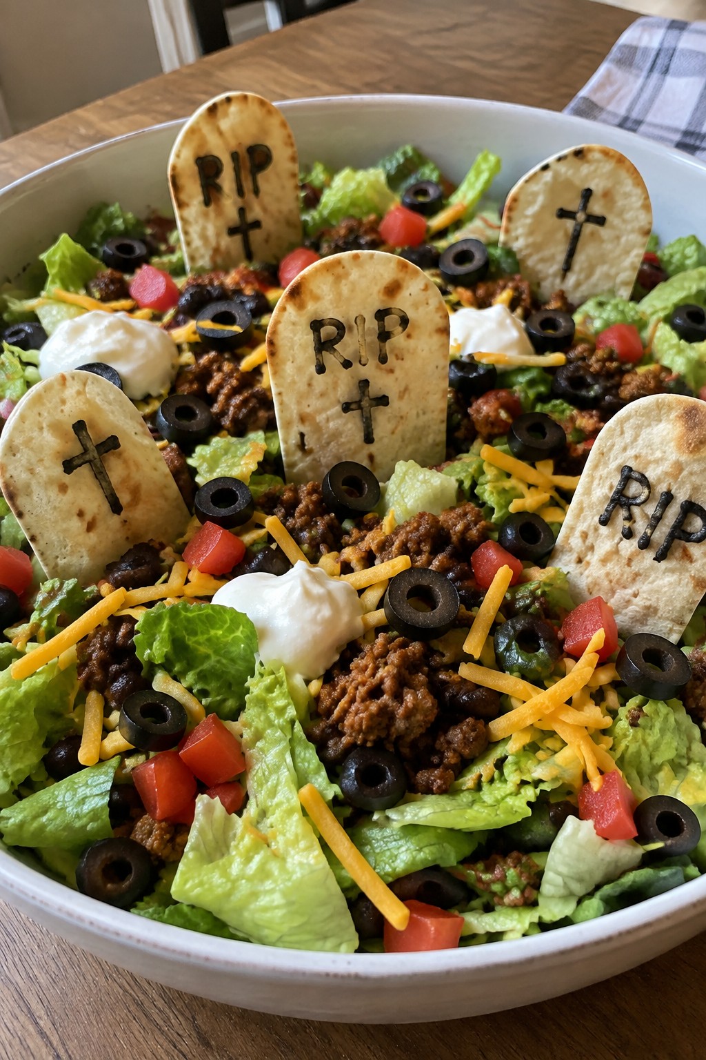 Graveyard Taco Salad with Tortilla Tombstones