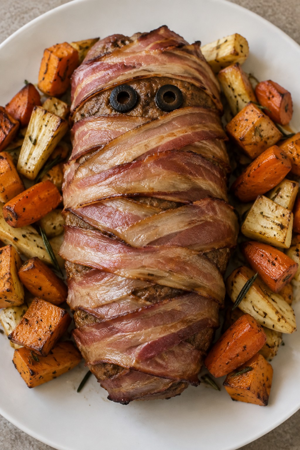 Mummy-Wrapped Pork Meatloaf with Roasted Root Vegetables