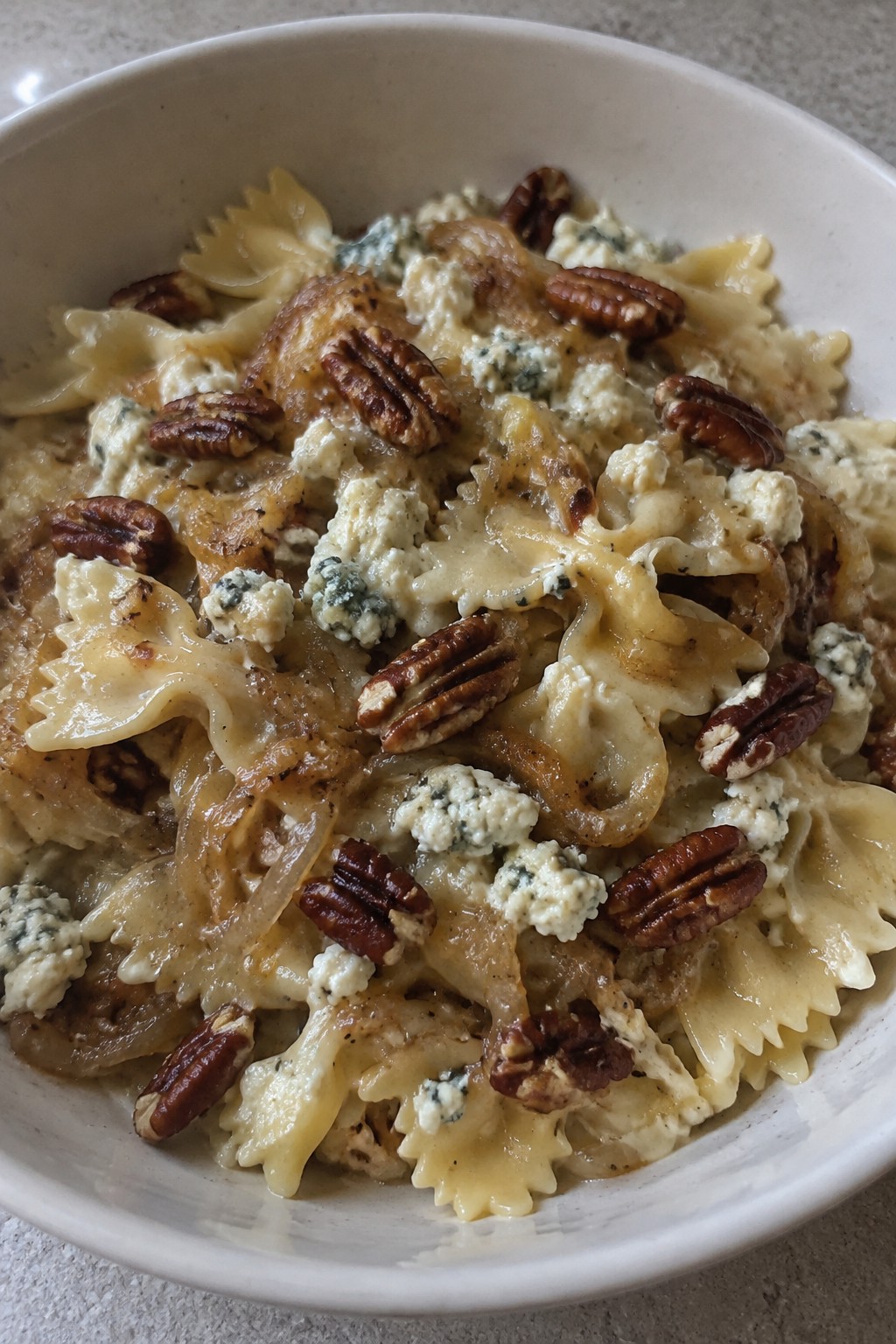 Farfalle with Caramelized Onions, Gorgonzola, and Toasted Pecans