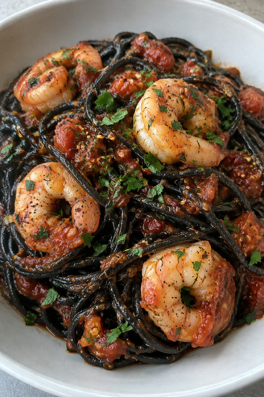 Squid Ink Spaghetti with Shrimp in Spicy Tomato Sauce