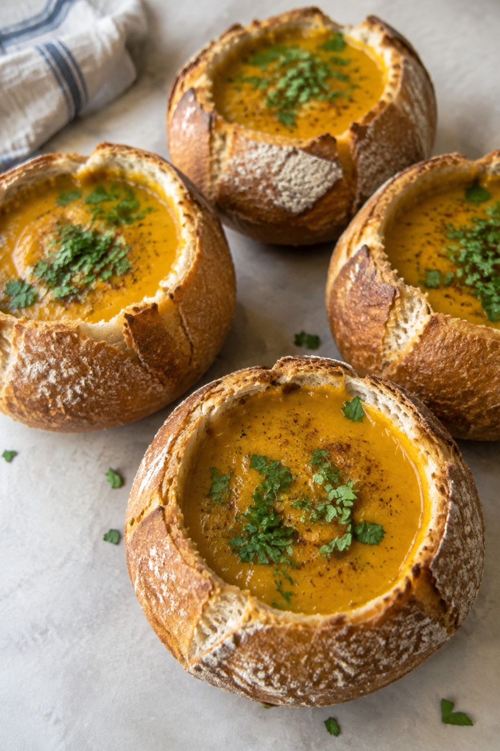 Spiced Harvest Pumpkin Soup in Mini Bread Bowls