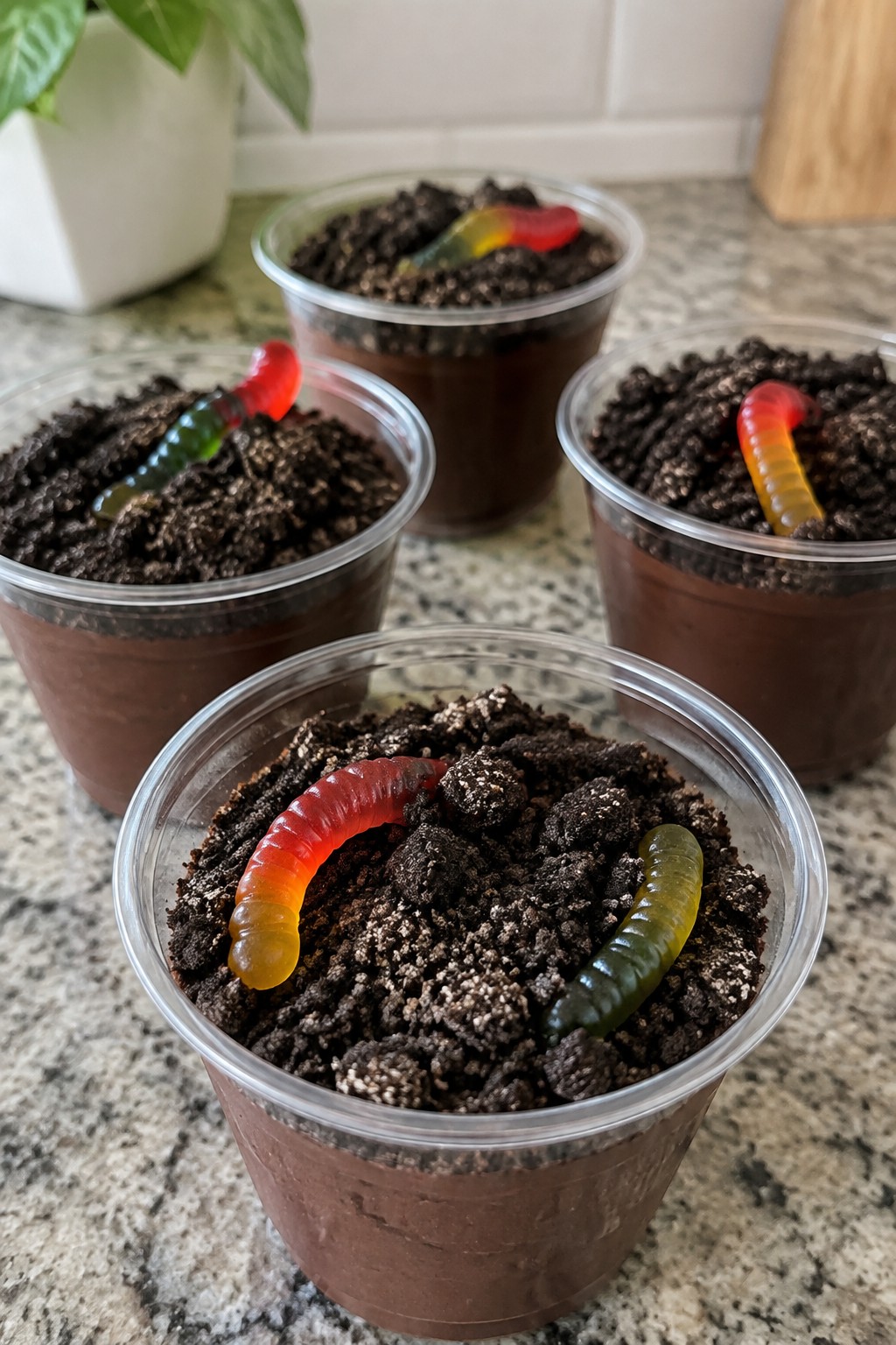 Graveyard Dirt Pudding Cups with Gummy Worms