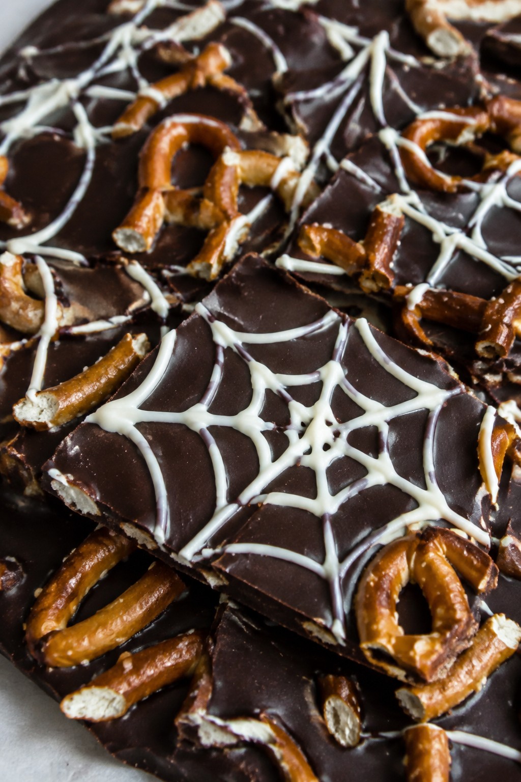 Dark Chocolate Pretzel Spiderweb Bark