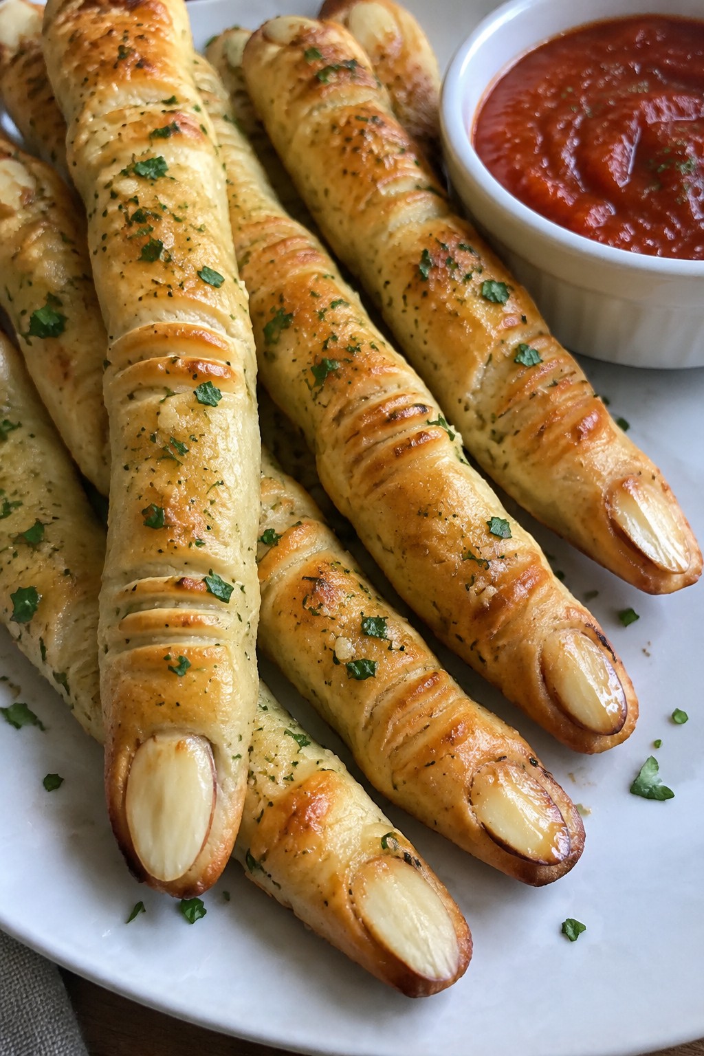 Garlic Butter Witch Finger Breadsticks with Marinara