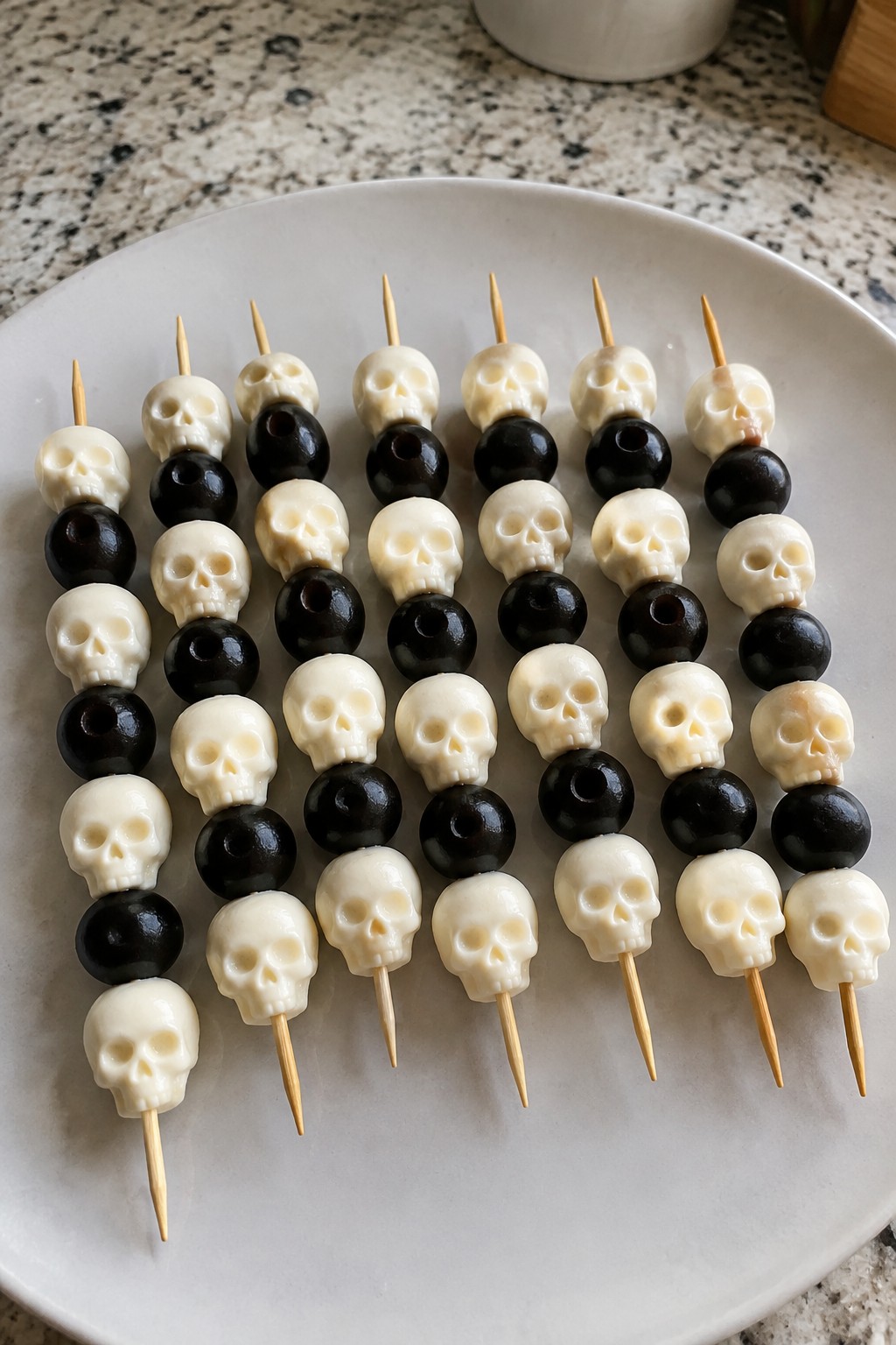 Mozzarella Skull and Olive Skewers