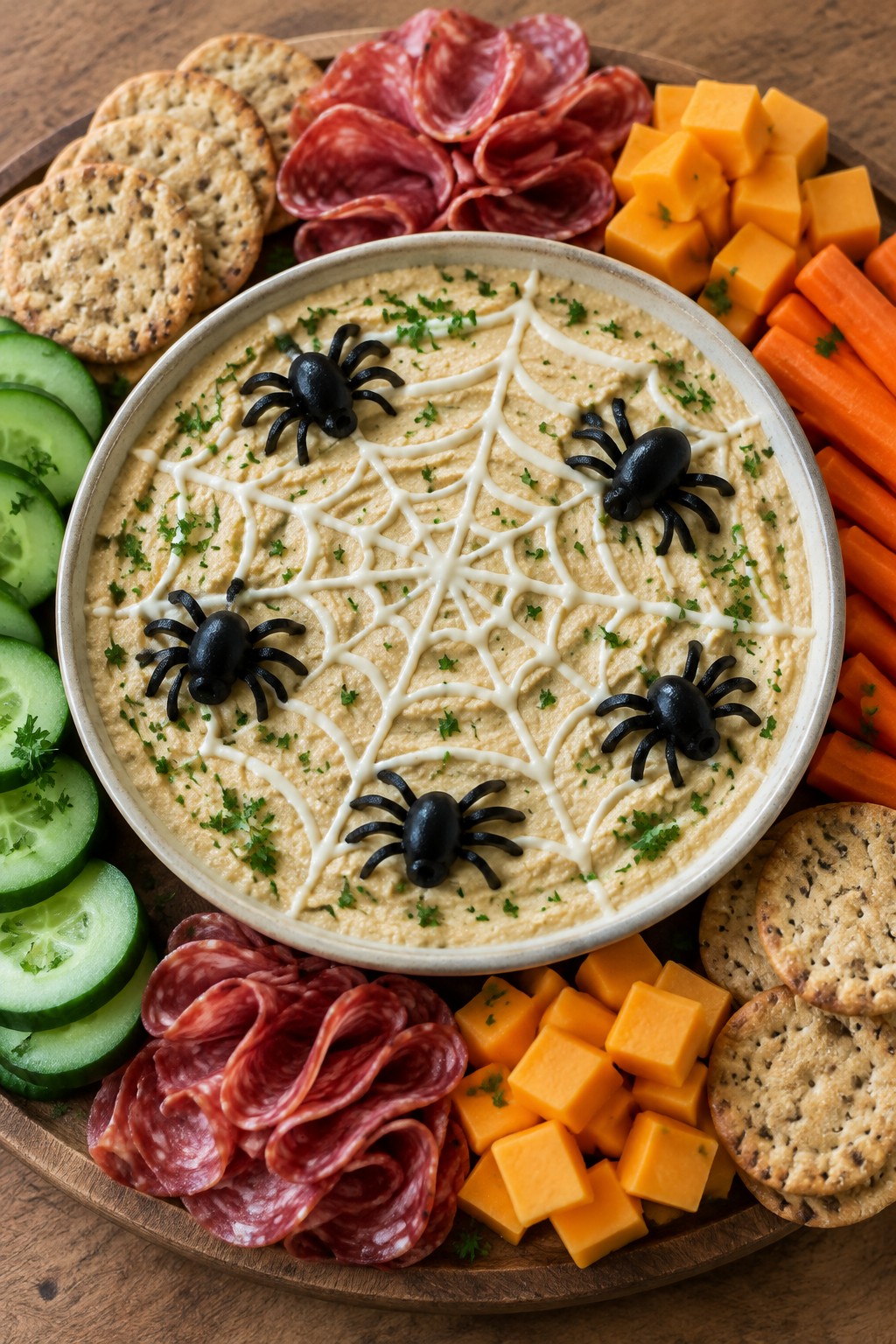 Spooky Spiderweb Hummus Charcuterie Board
