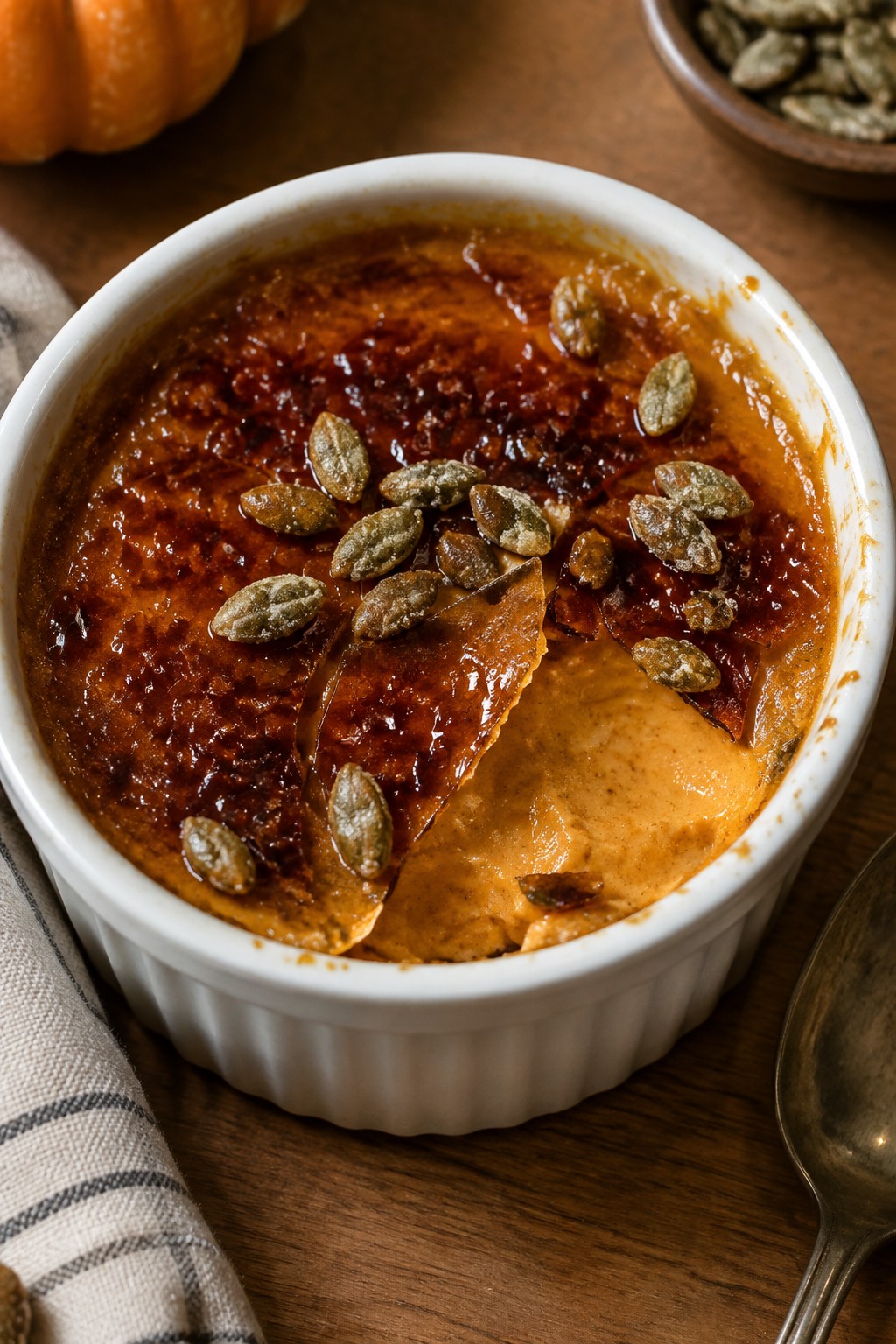 Bourbon Pumpkin Crème Brûlée with Candied Pepitas