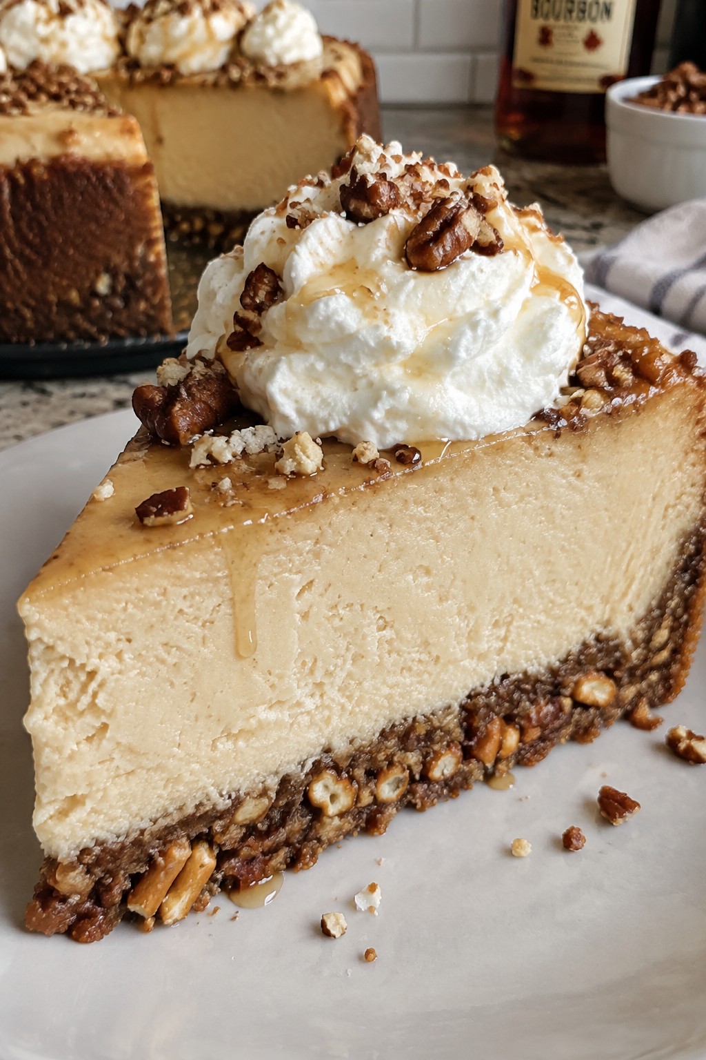 Maple Bourbon Cheesecake with Pretzel-Pecan Crust
