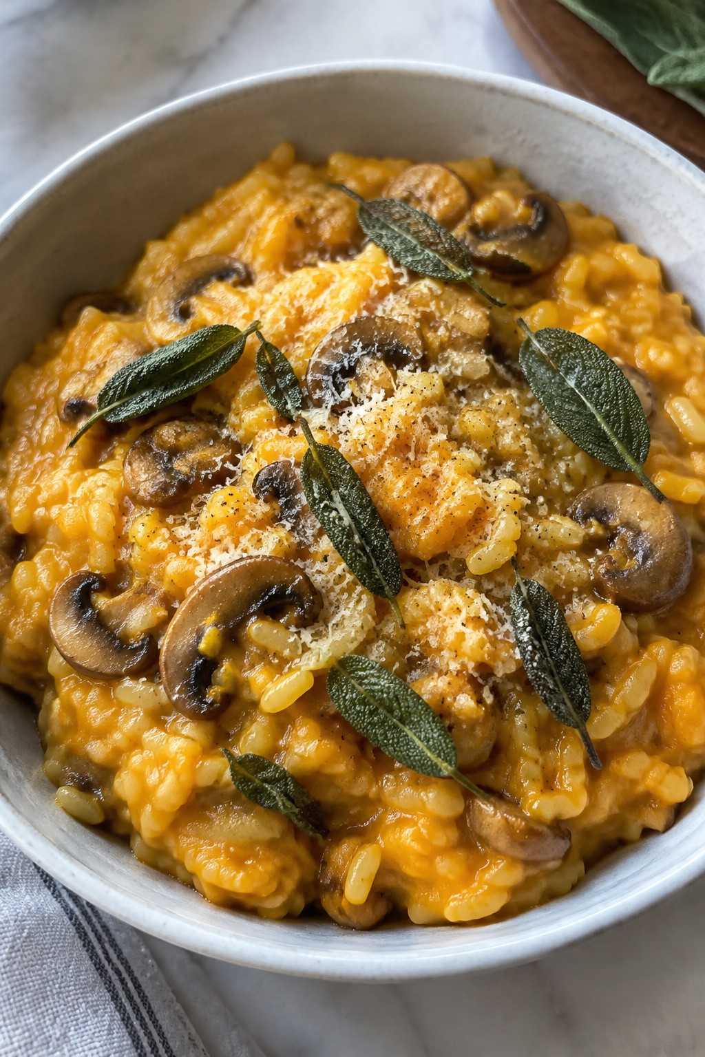 Cheesy Pumpkin Risotto with Crispy Sage and Mushrooms