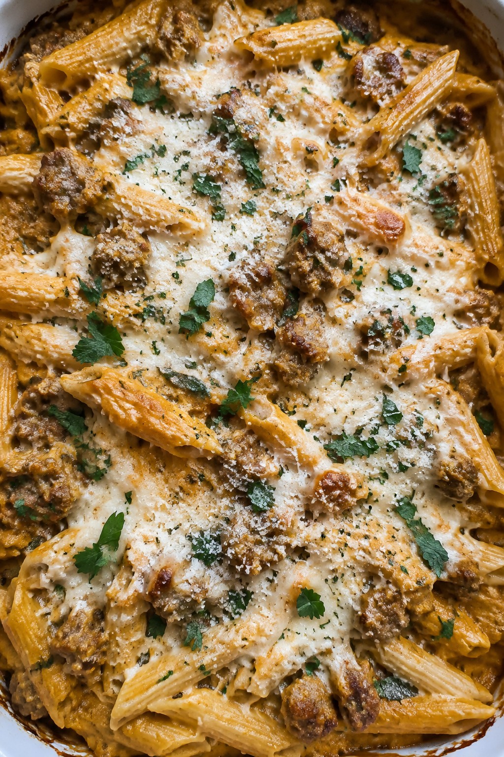 Creamy Pumpkin Sausage Pasta Bake