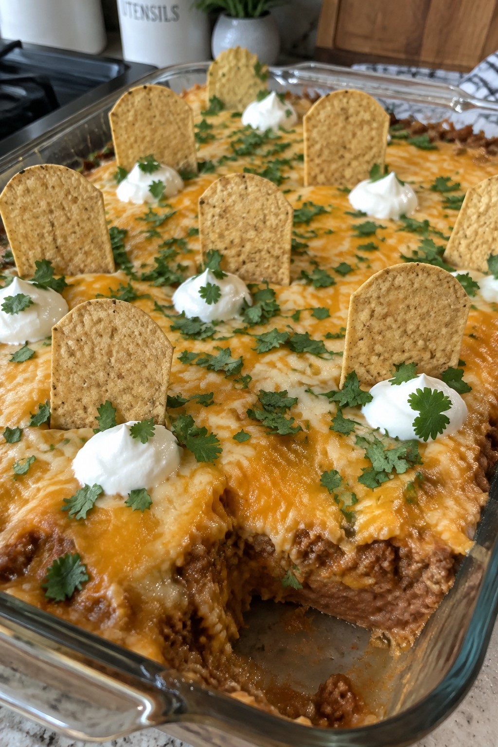Graveyard Taco Casserole with Tortilla Chips