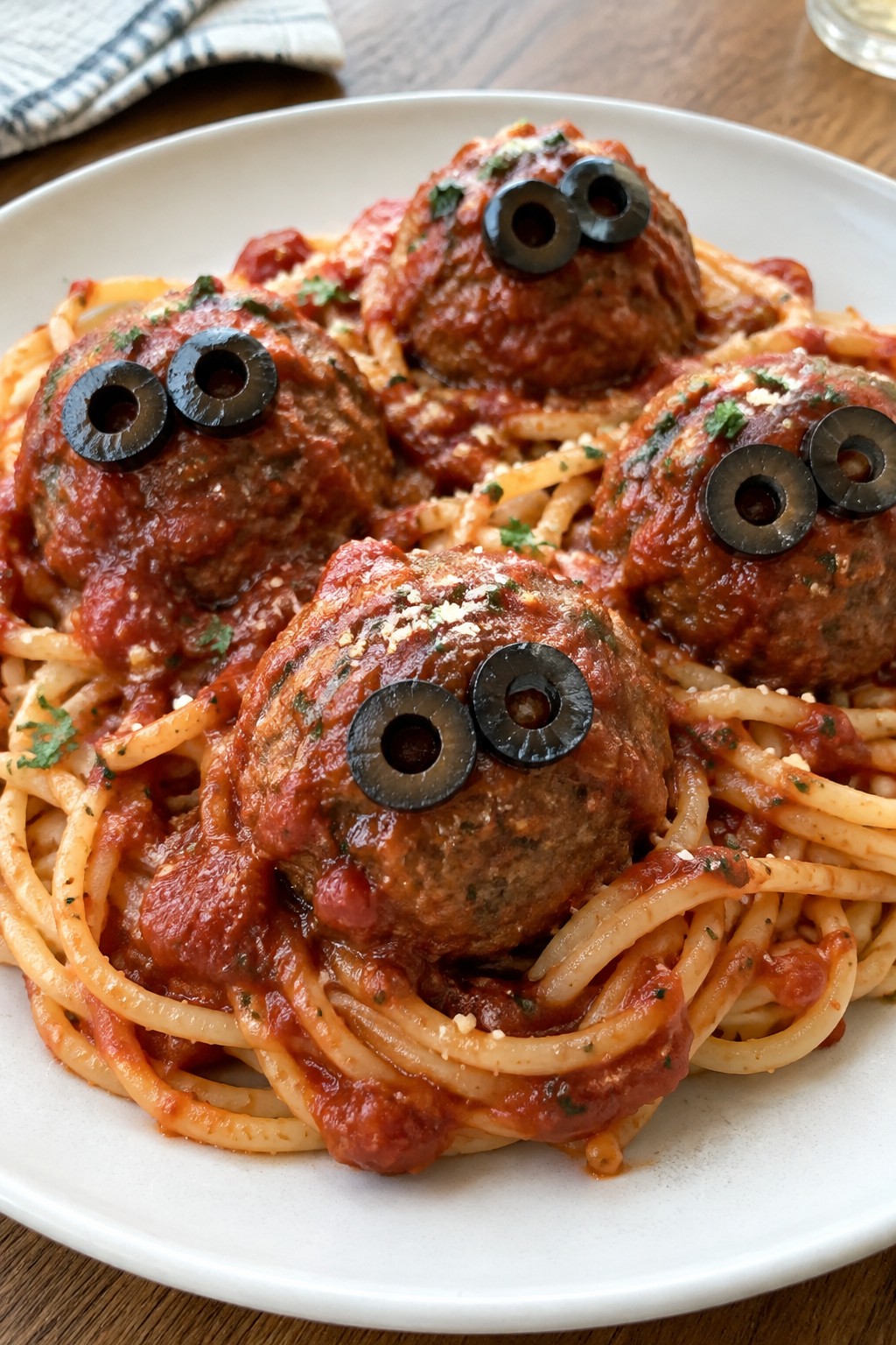 Monster Meatballs over Spaghetti with Olive Eyes