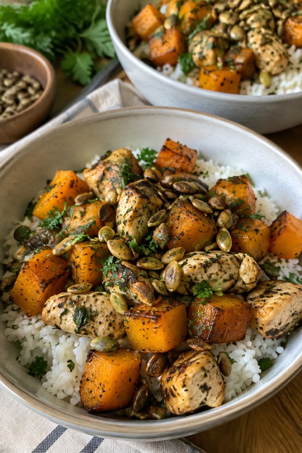 Roasted Butternut Squash and Chicken Rice Bowls