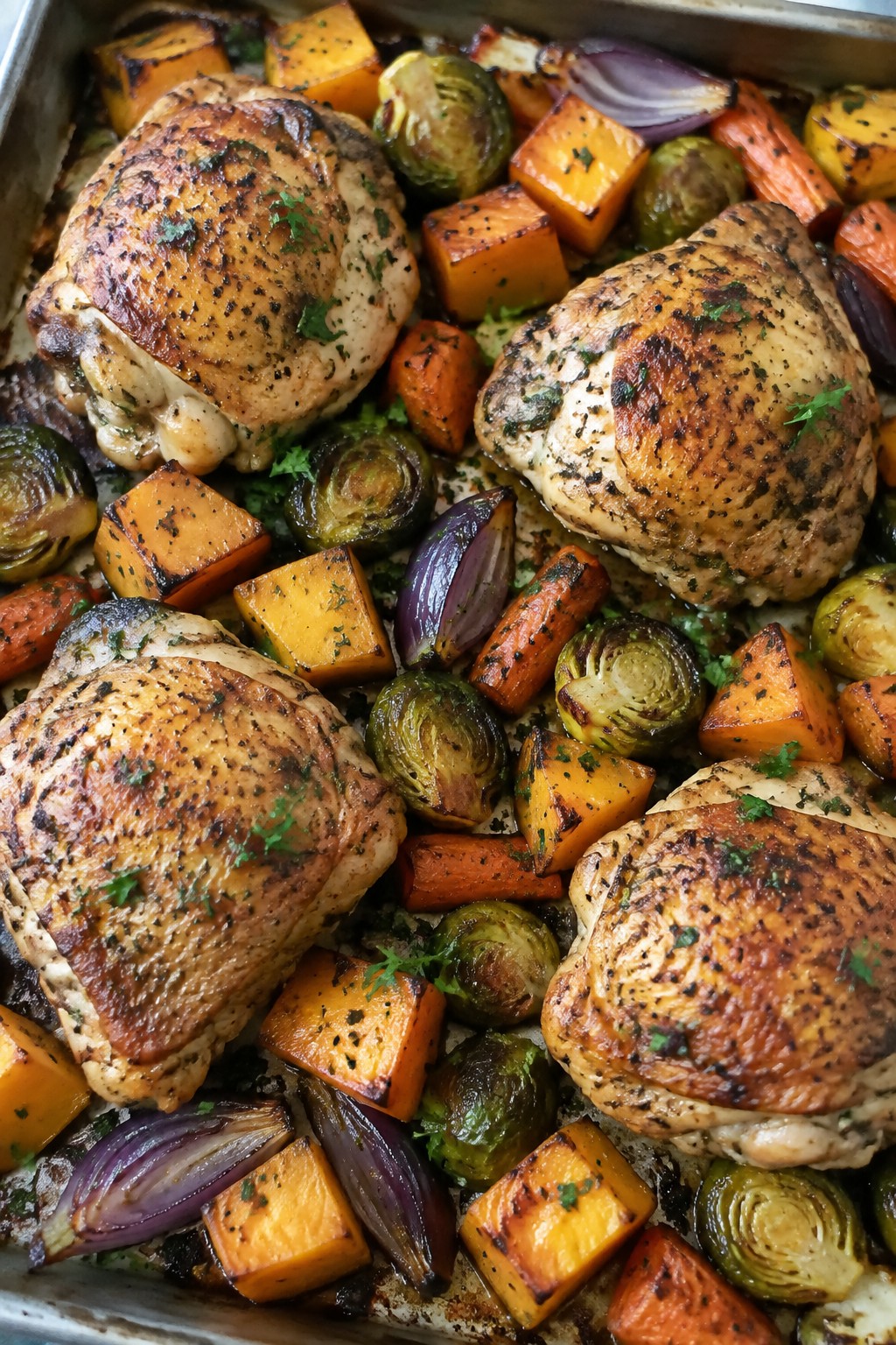 Sheet Pan Roasted Chicken Thighs with Fall Vegetables