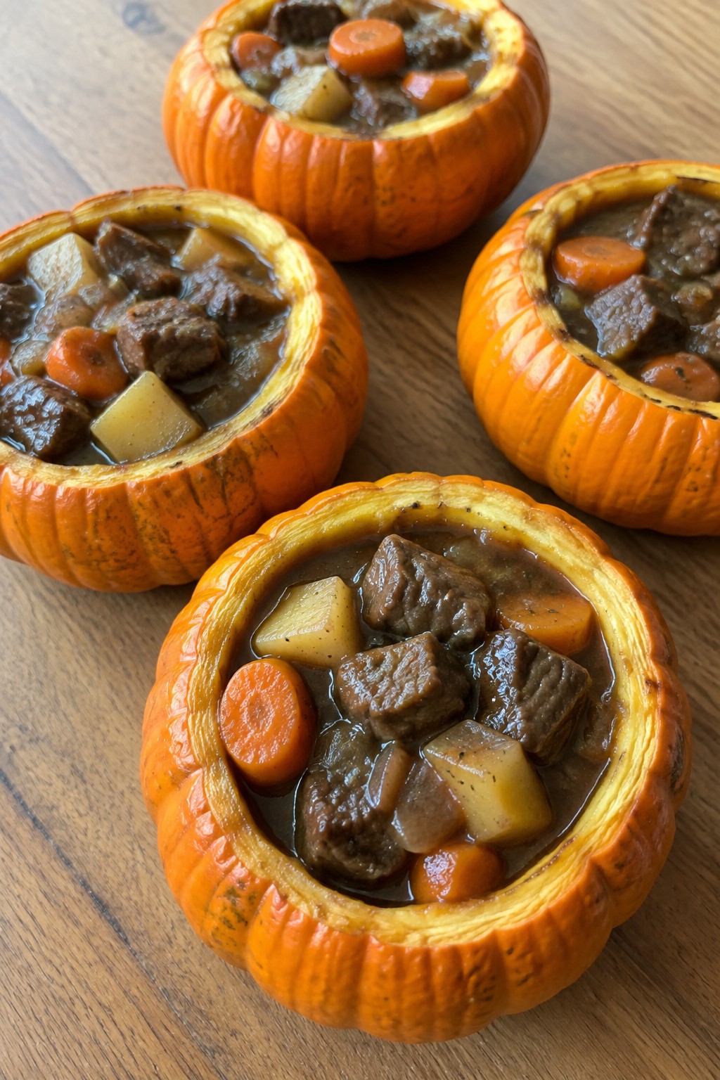 Slow Cooker Beef Stew Served in Mini Pumpkins