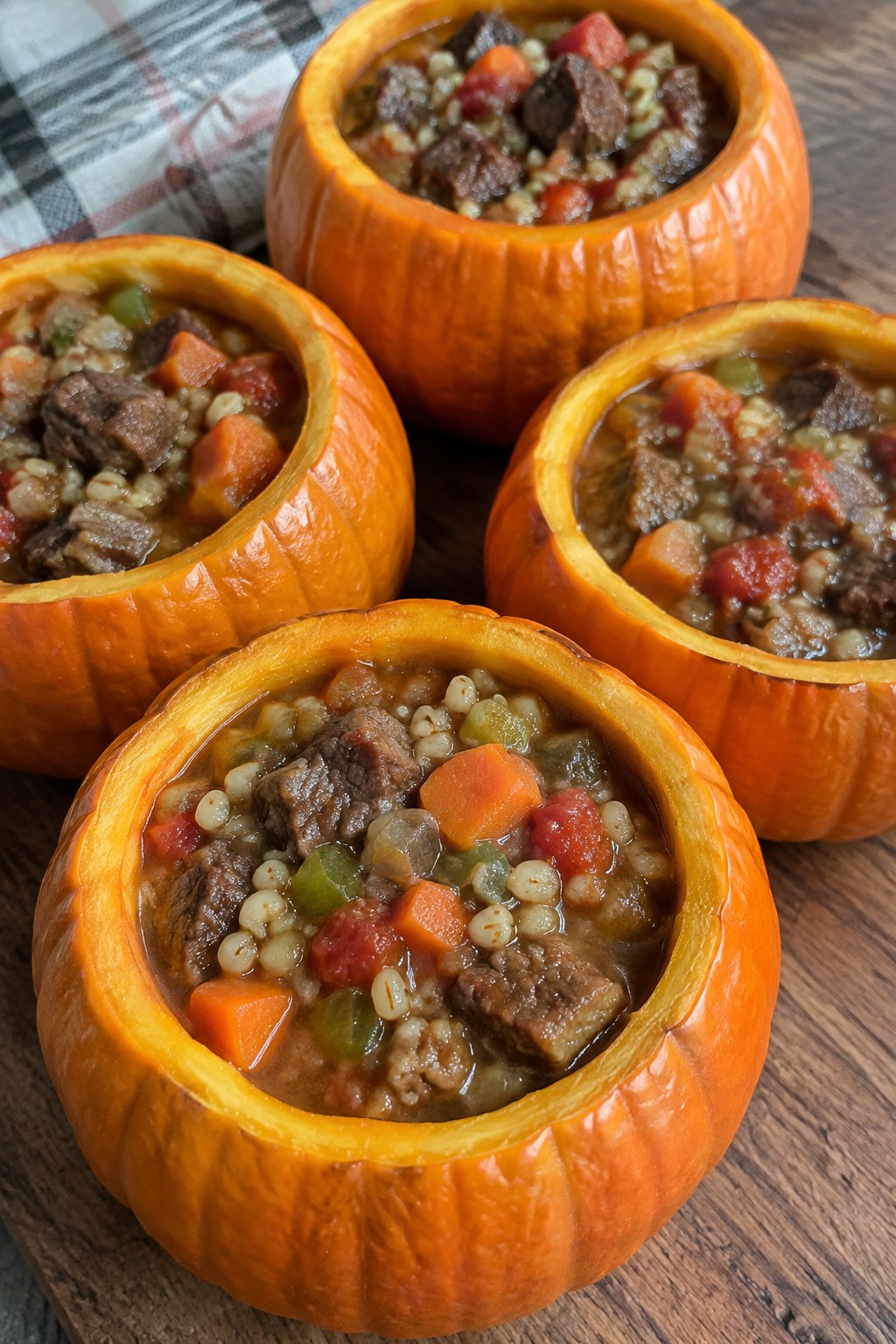 Beef and Barley Stew Served in Mini Pumpkins